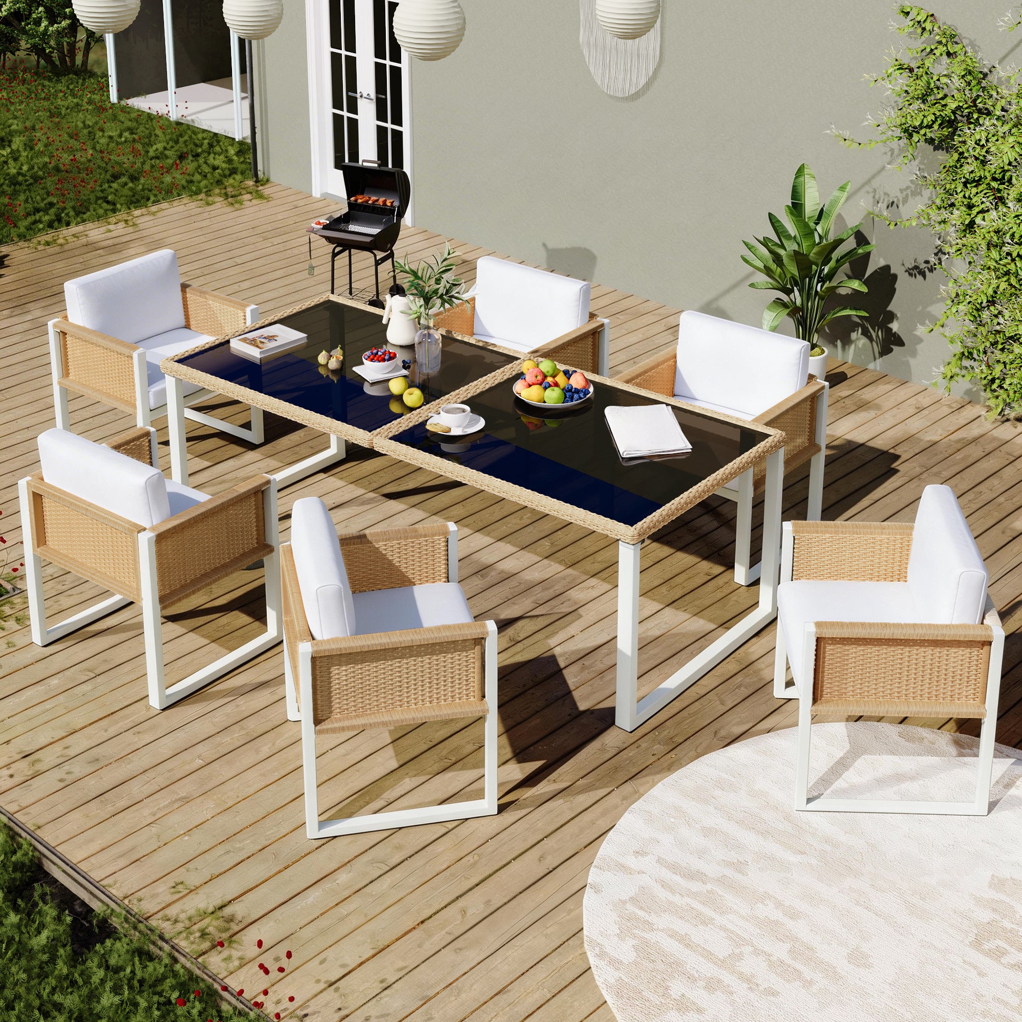 Garden Dining Set, 6-Person Table and Chairs with Washable Covers, Polyrattan