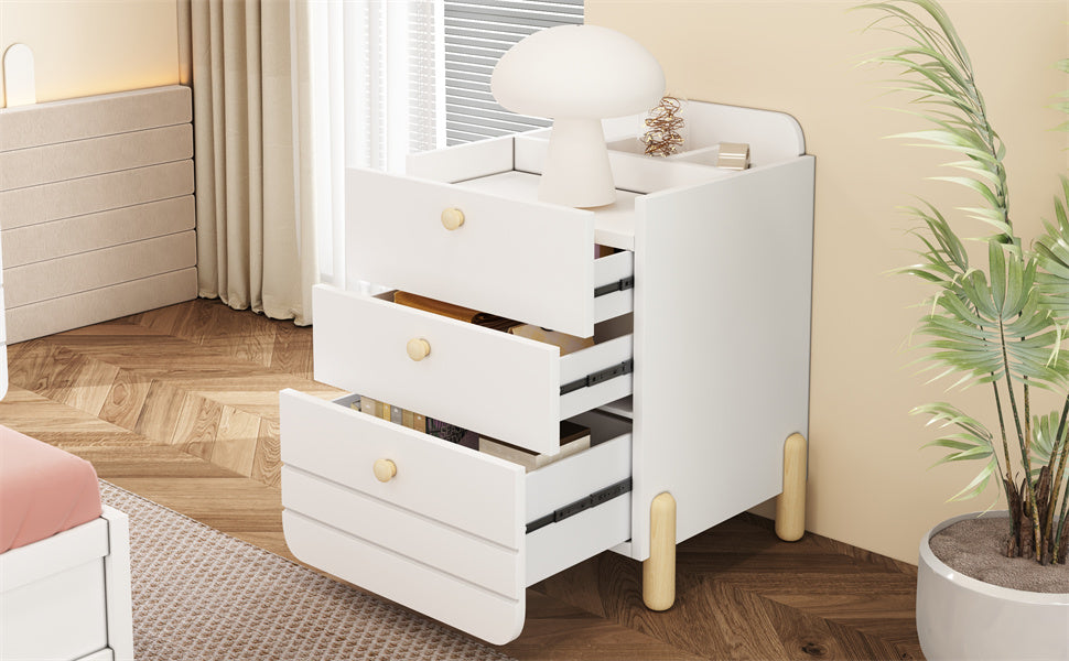 Bedside Table with 3 Drawers, Silent Design, Wood Feet, White