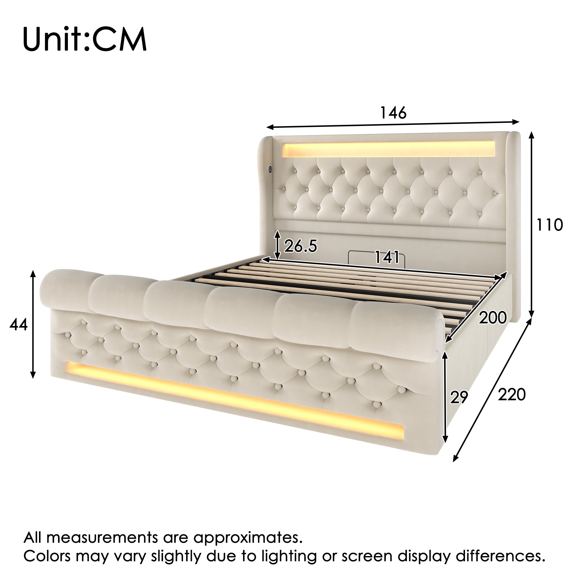 Upholstered Double Bed 140x200cm, LED Lights, Storage Headboard with USB & Type-C, Hydraulic Storage, Beige Velvet