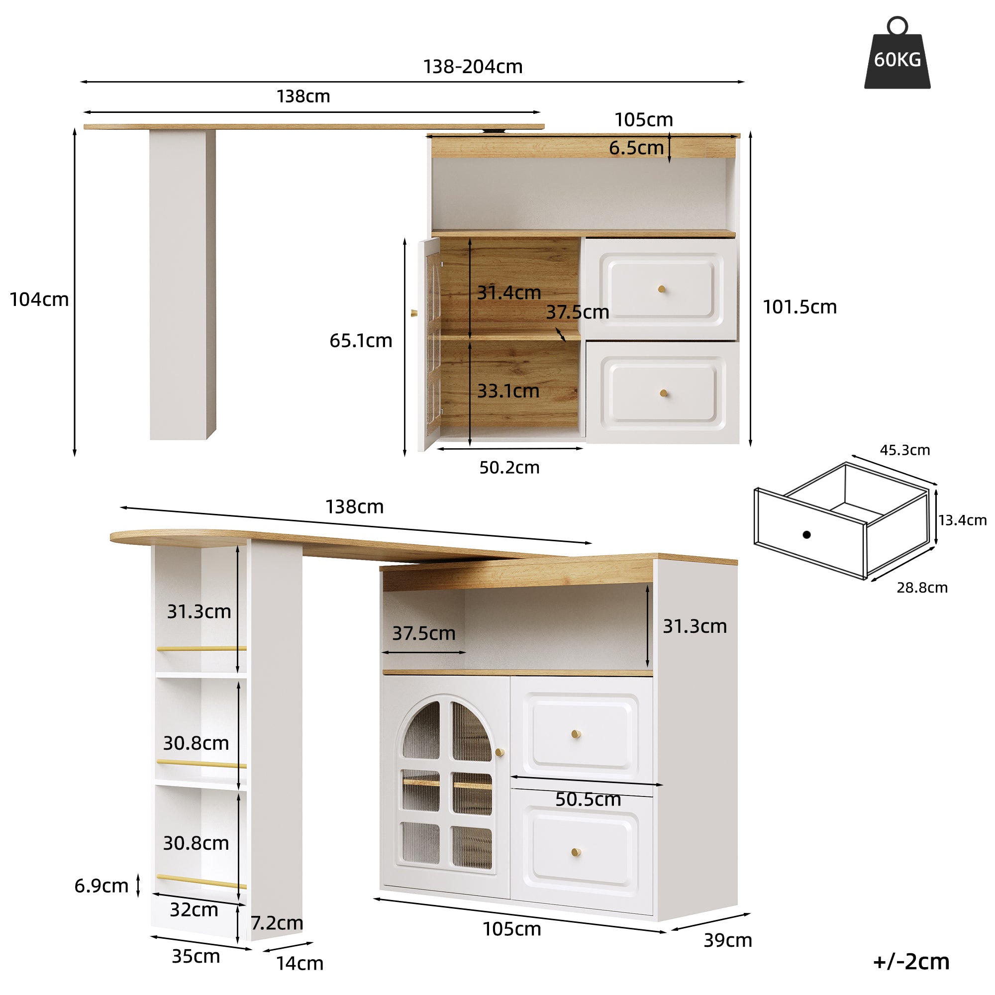 Rotating Dining Bar Sideboard 360° Swivel with 2 Drawers Snack Shelf Curved Glass White