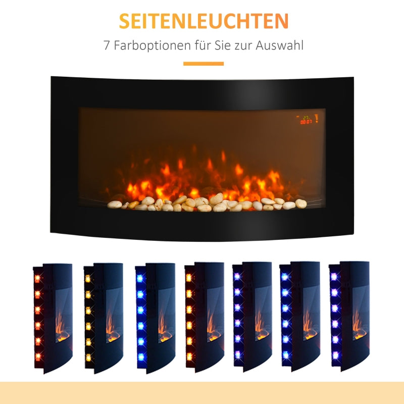 Electric Fireplace Wall-Mounted Heater LED 7 Flame Colors Remote - Black