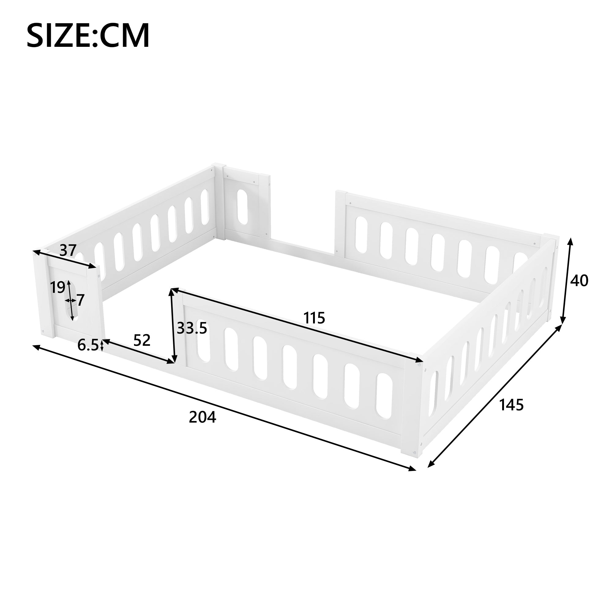 Wooden Platform Bed, 140x200 with Railing, White