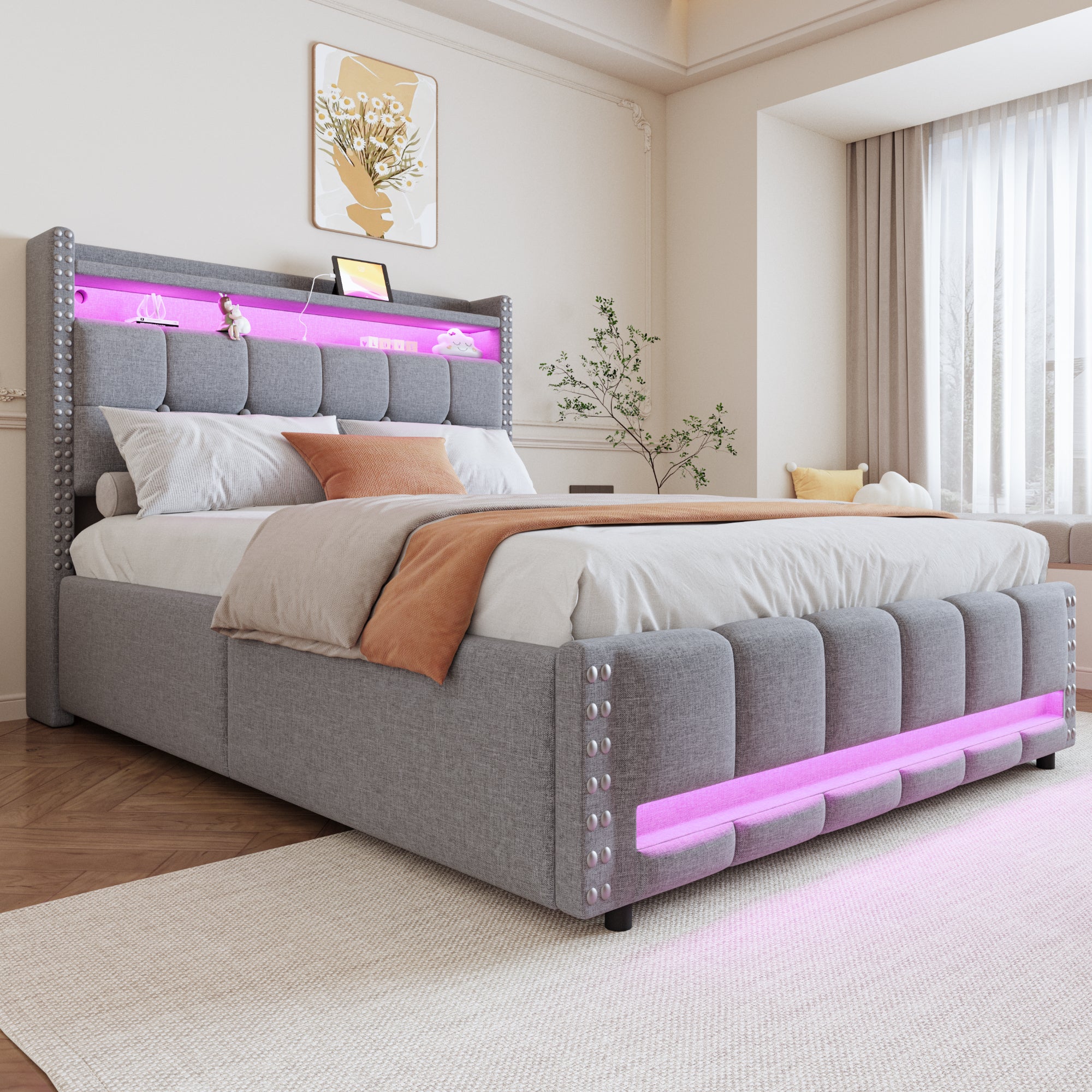 Upholstered Bed 140x200cm, LED & USB, Hydraulic Storage, Light Grey Linen