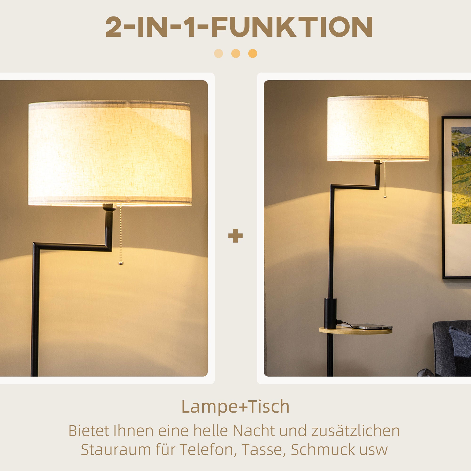 Floor lamp with shelf 40W USB port steel cream