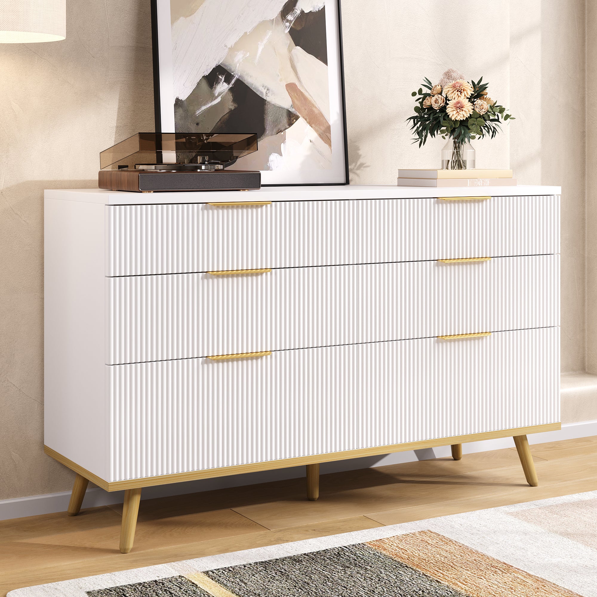 Modern 6-Drawer Chest of Drawers with Wood-Look Feet, White Particleboard