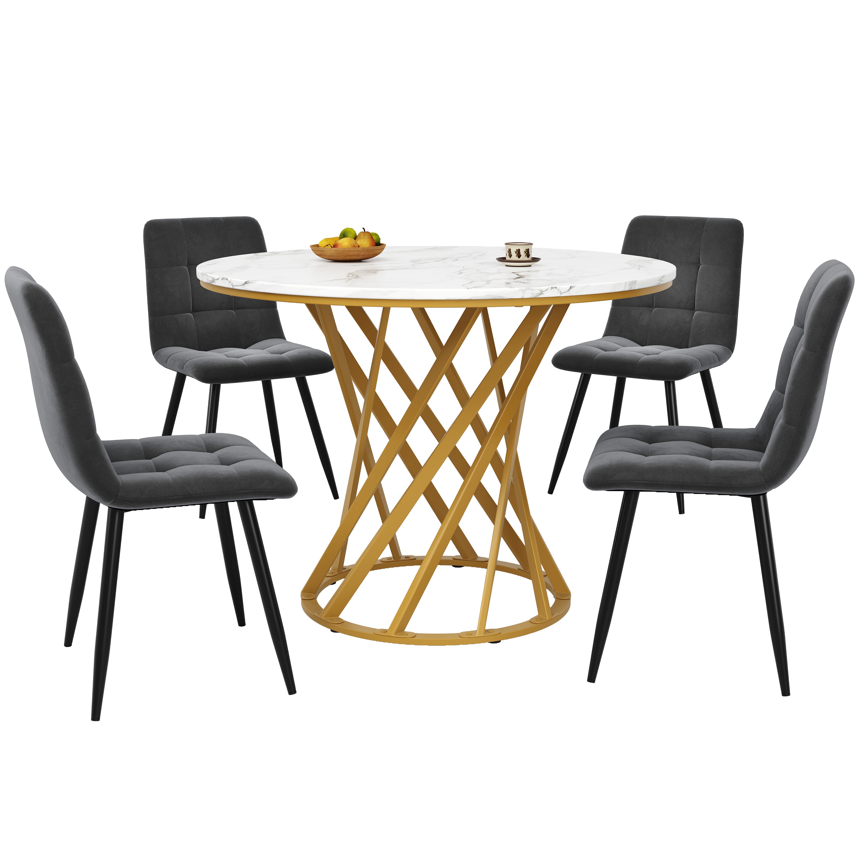 Dining Table Set, 5-Piece Round 80cm with 4 Chairs, White MDF & Dark Grey Velvet
