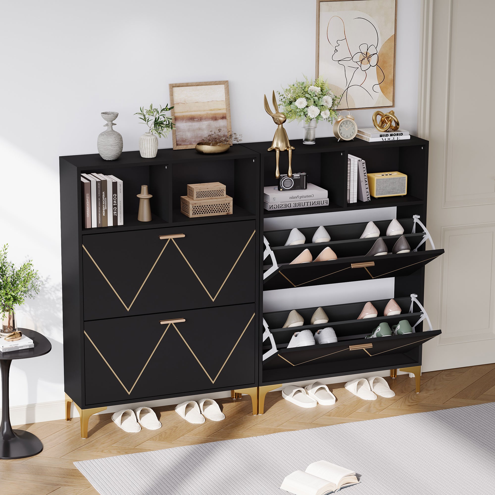 Shoe Cabinet with 4 Drop-Down Doors, 8 Compartments, 4 Semi-Open Shelves, Raised Legs, MDF + Metal