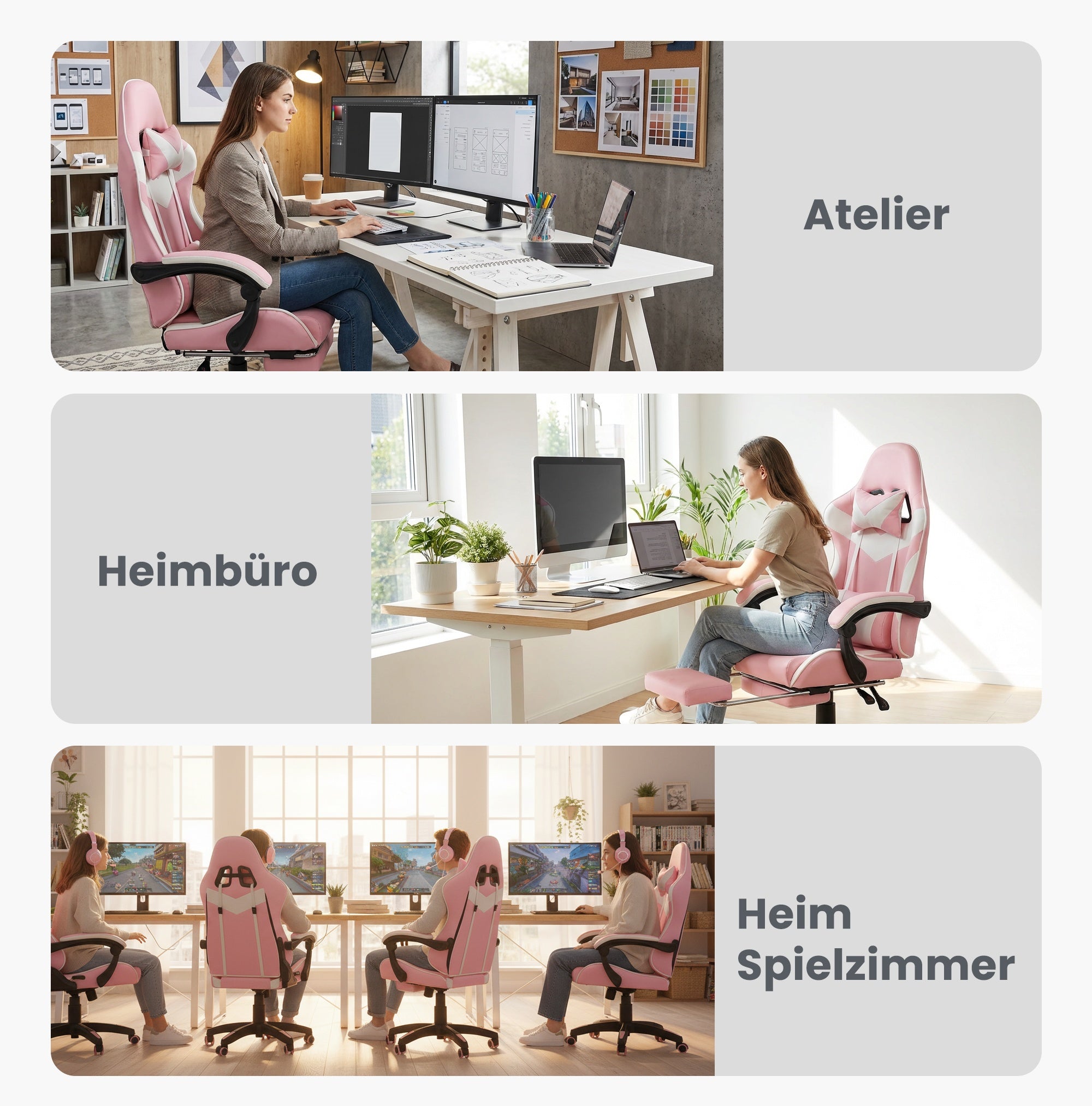 Gaming Chair 360° Swivel Ergonomic Racing High-Back Adjustable with Footrest and Lumbar Support – White & Pink Leather