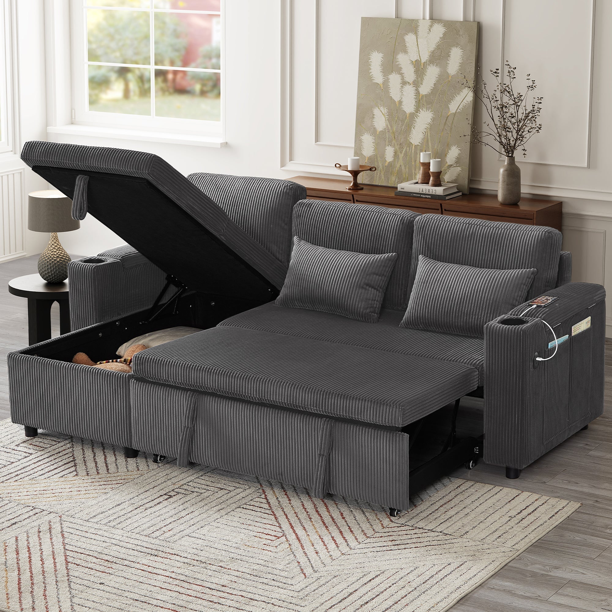 3 in 1 Convertible Corduroy Sofa Bed with Storage Chaise, L Shaped Sleeper Sofa Couches with Armrest Storage and Charging Station, Pullout Sectional Daybed for Living Room/Bedroom/Office, Grey