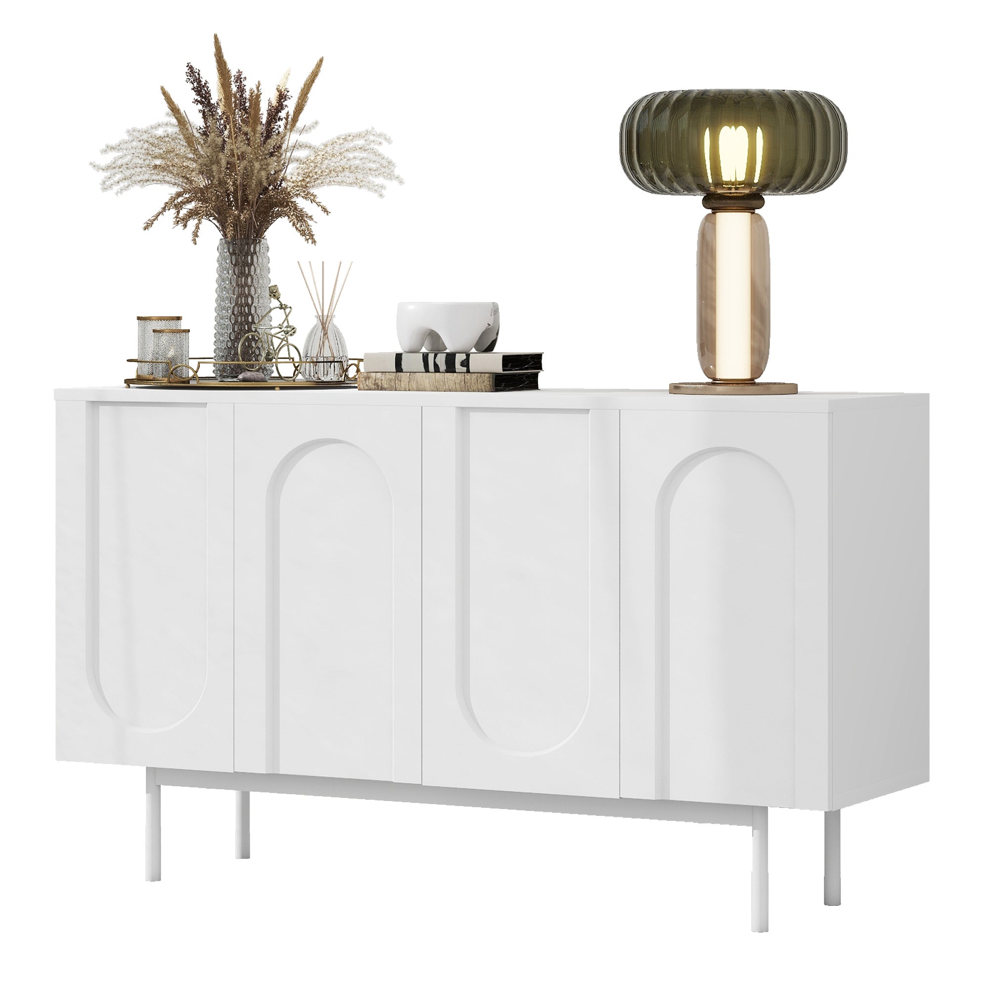 Sideboard, Minimalist Arched Pattern 4-Door, Pure White