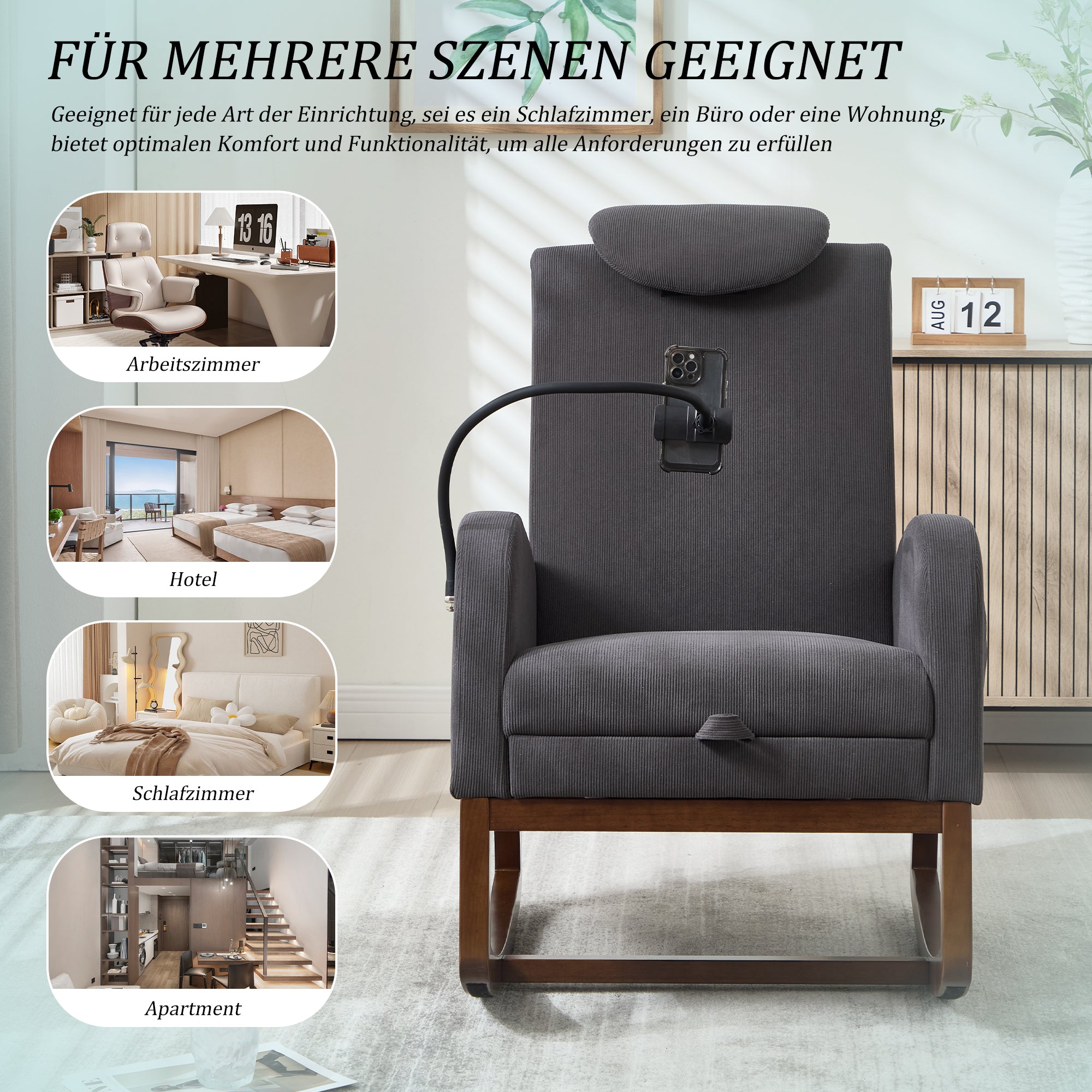 Rocking Chair Multifunctional High Backrest Extendable Footrest Corduroy