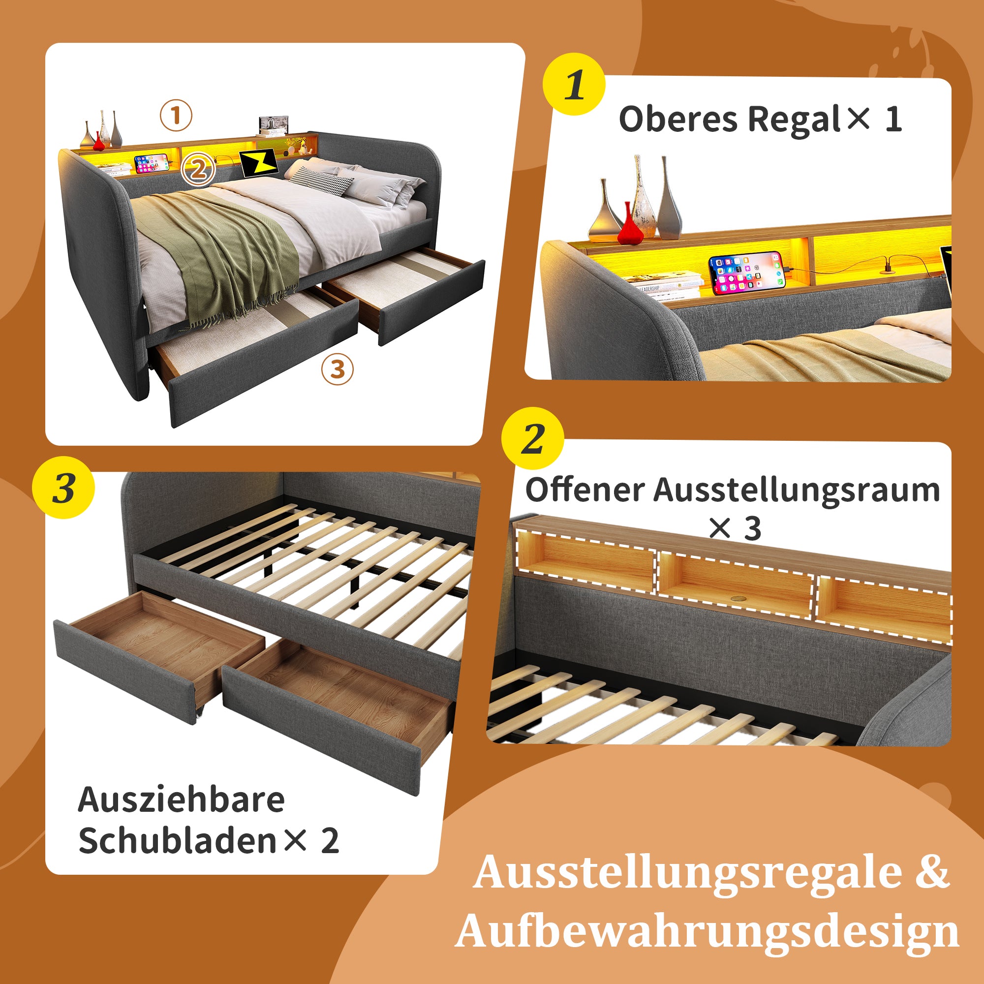 Upholstered Daybed, 140x190cm Sofa Bed with LED, USB-C & Storage, Grey Linen