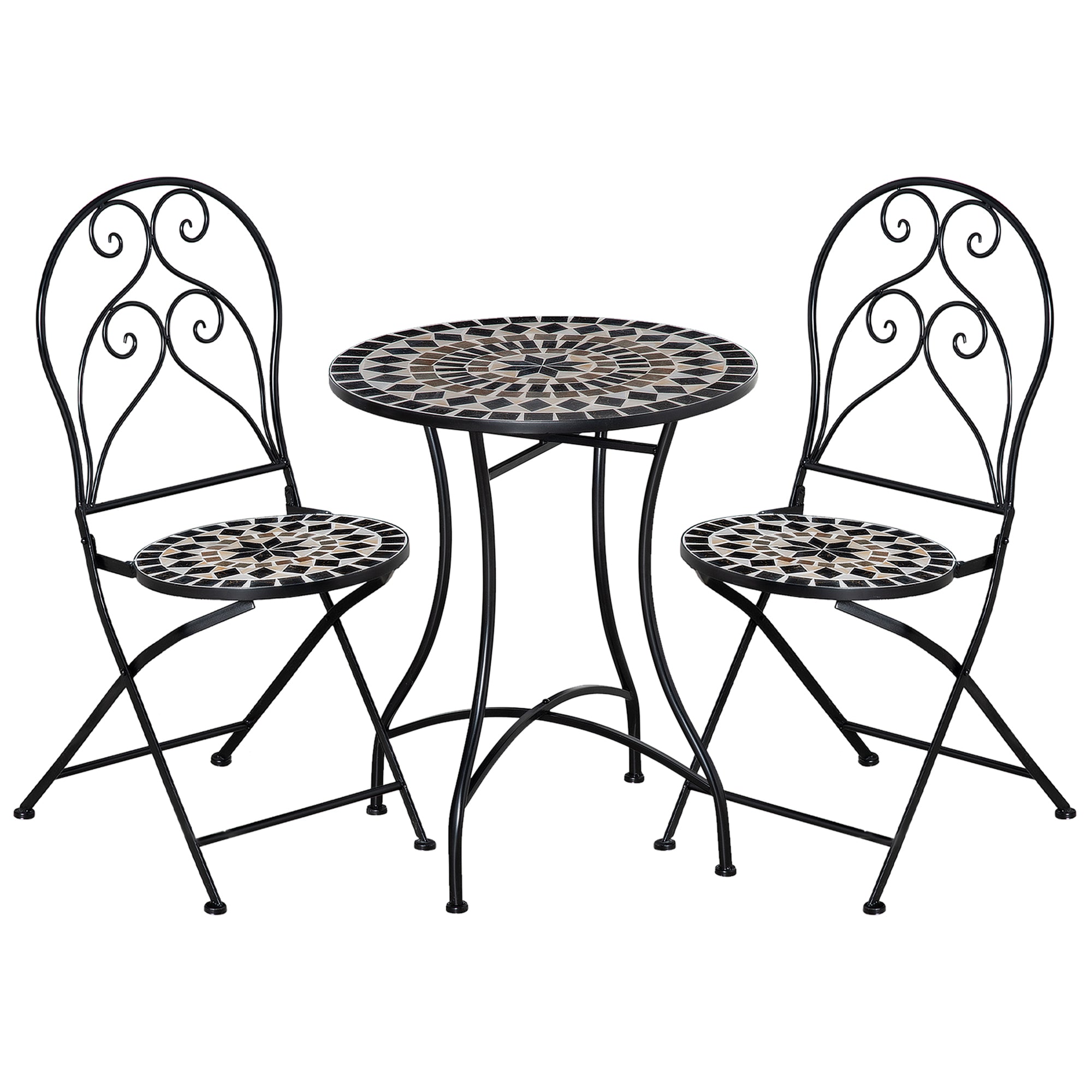 3 Piece Garden Bistro Set, Mosaic Tile Top, 2 Folding Chairs, Metal Frame, Black
