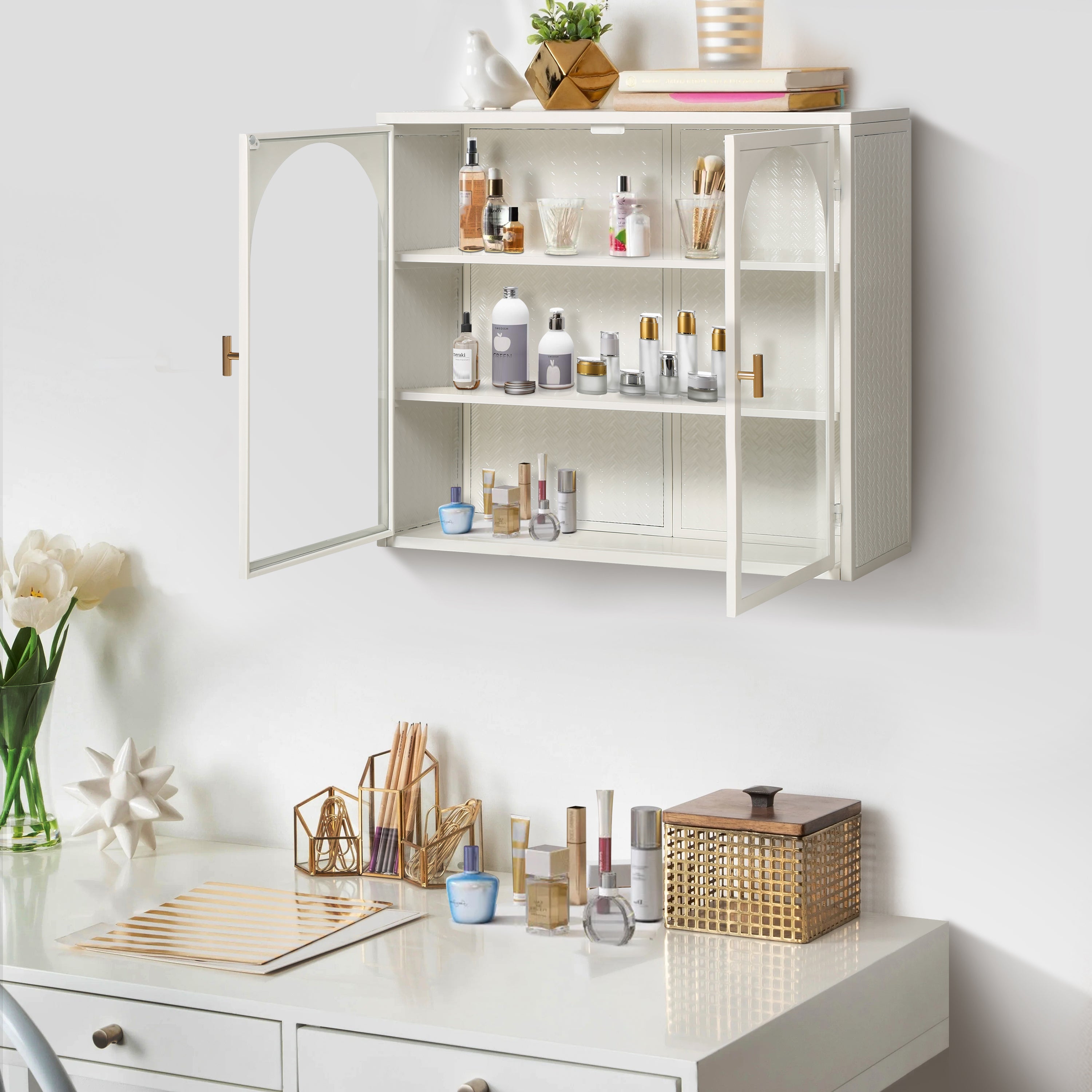 Wall Cabinet 70CM Two-door Three-tier Glass Woven Pattern White