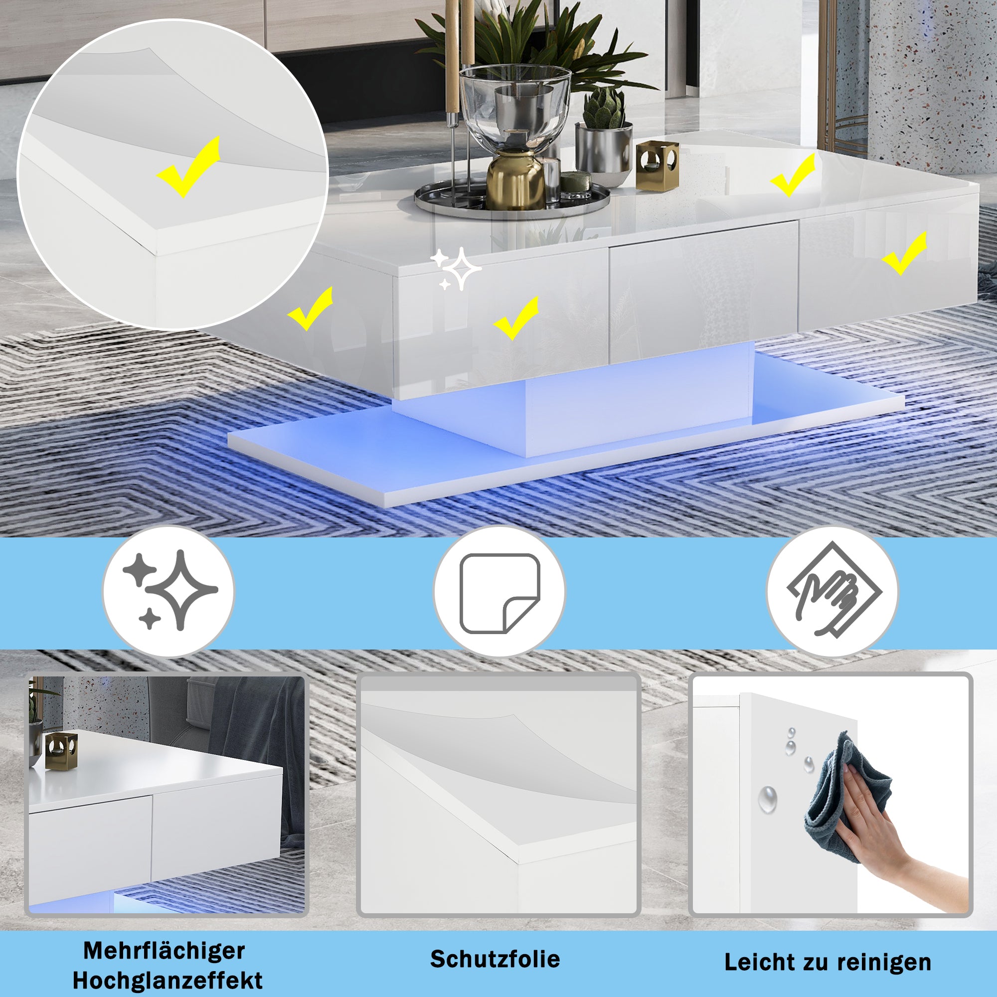 Tea Table, High Gloss Sofa Desk with 2 Drawers, 100cm White