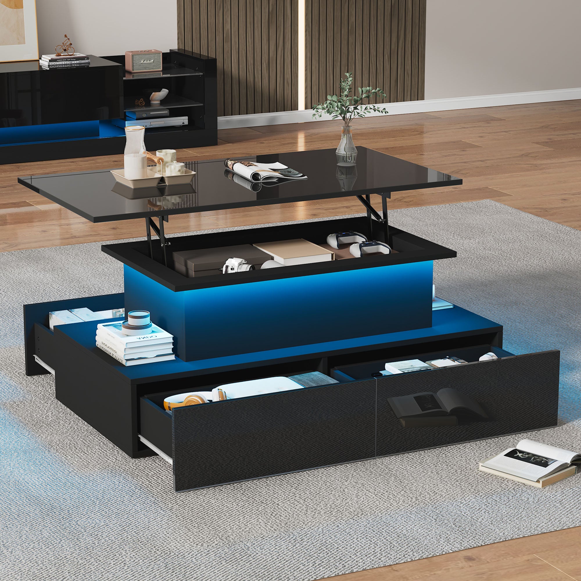 Coffee Table, LED Lit with 4 Drawers, Black High-Gloss