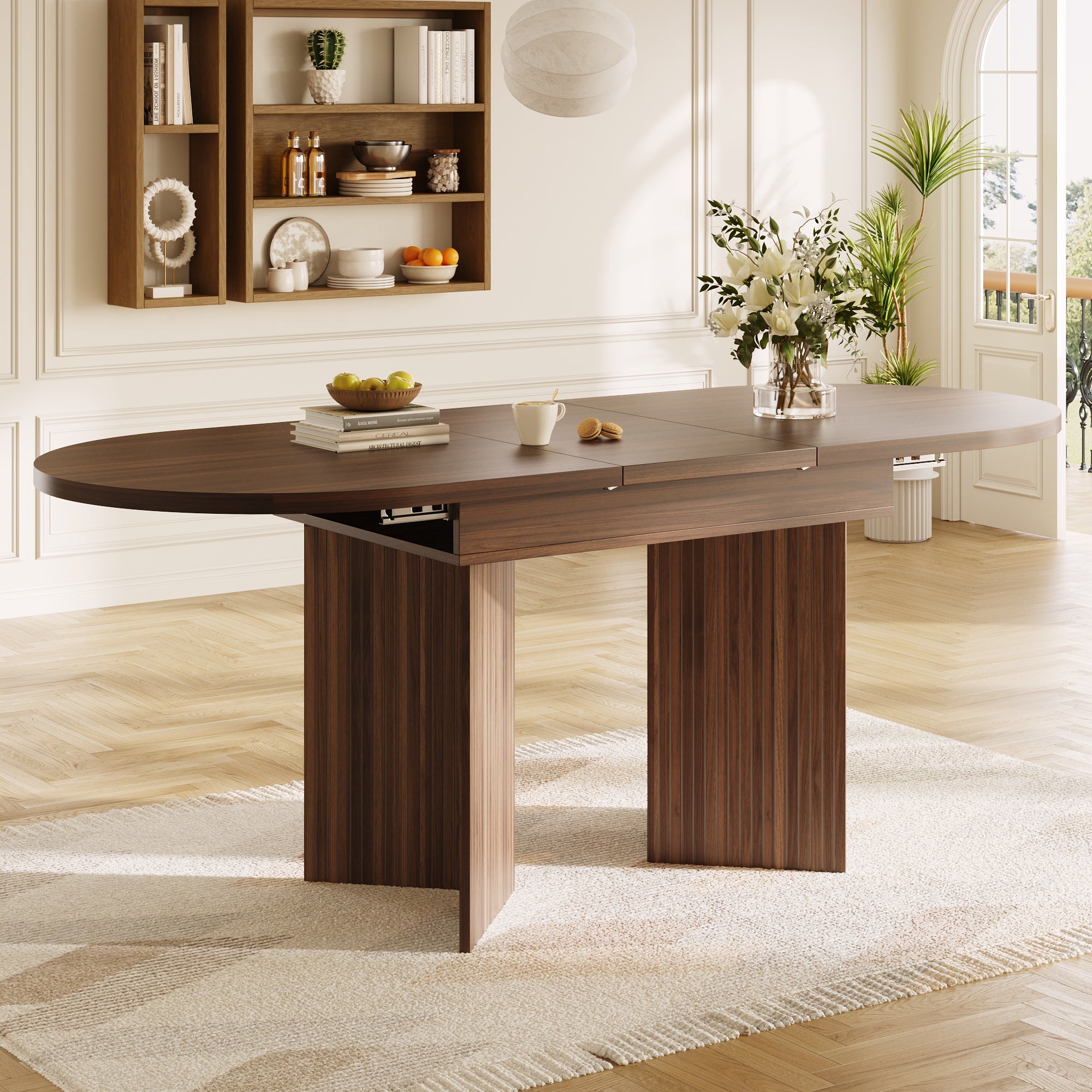 Extendable Dining Table with Internal Extension Leaves, 120-160 cm, Walnut Wood Finish