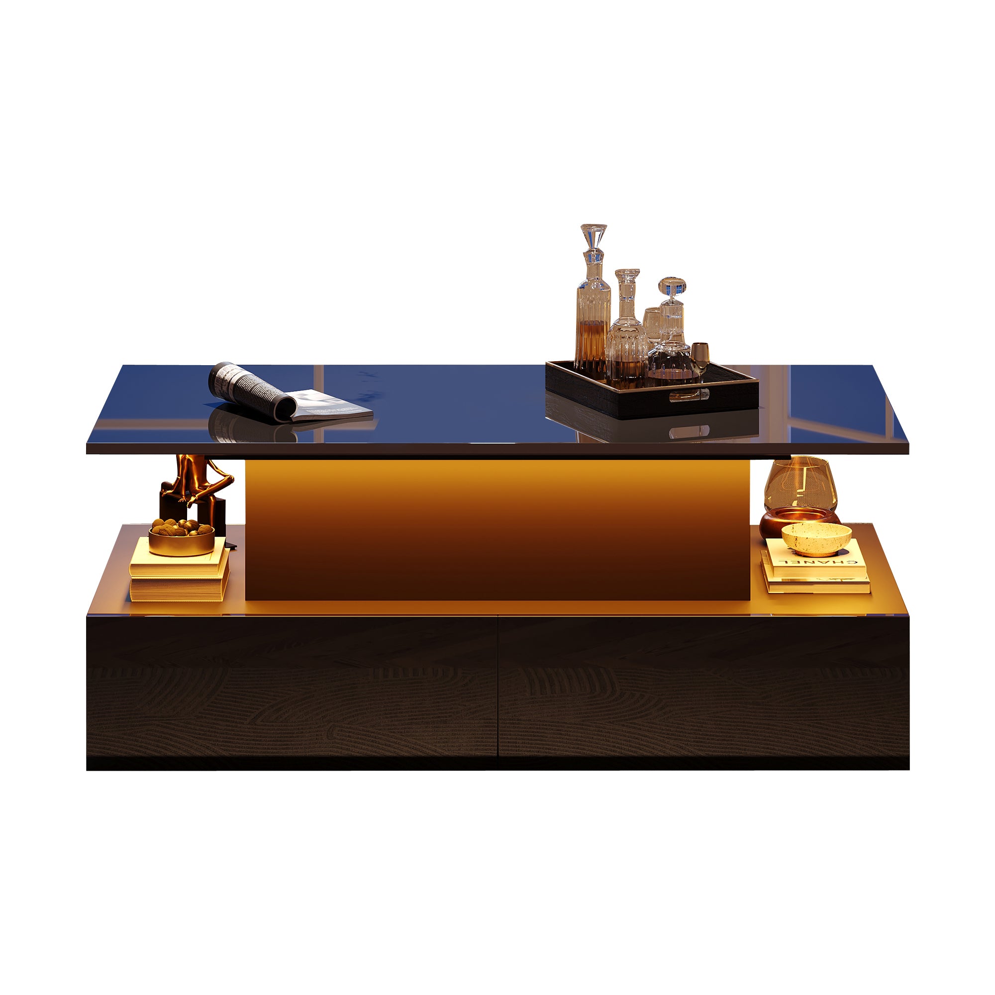 Coffee Table, LED Lit with 4 Drawers, Black High-Gloss
