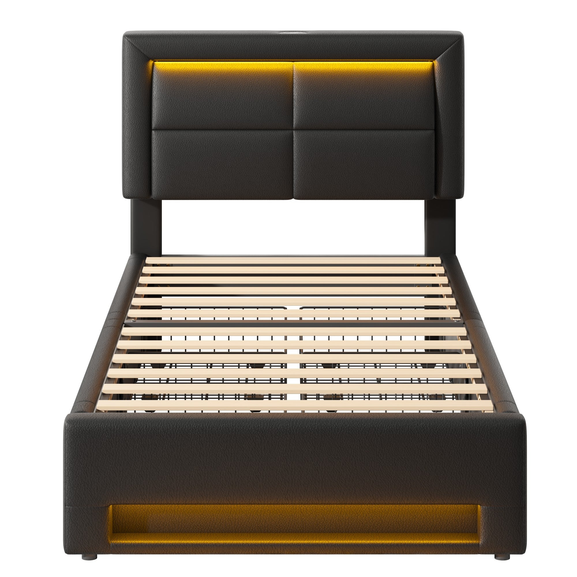 Upholstered Bed 90x190cm USB Charging LED Lighting 4 Drawers - PU Lychee Black