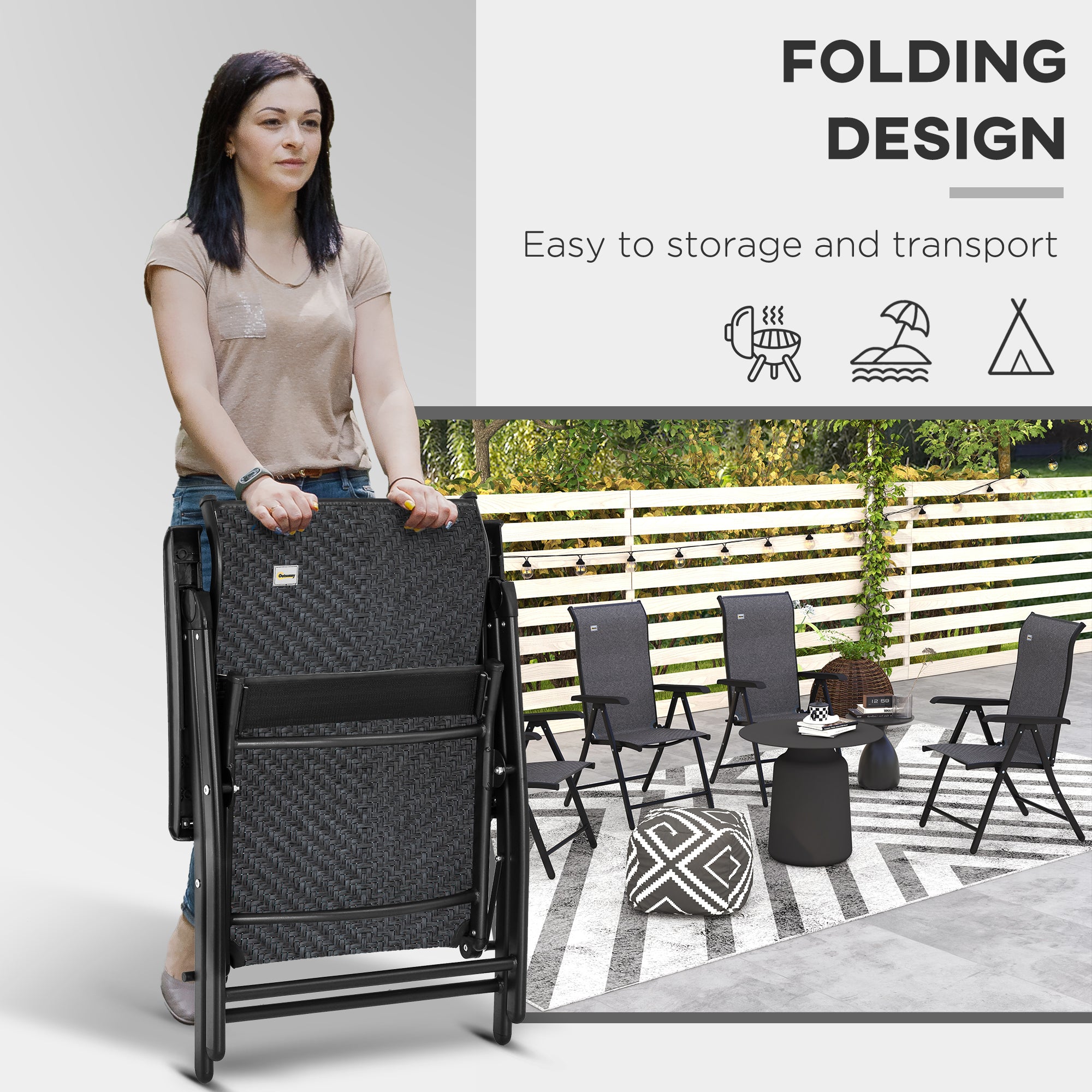 Set of Two Folding Garden Chairs, Seven-Position Adjustable Backs - Grey