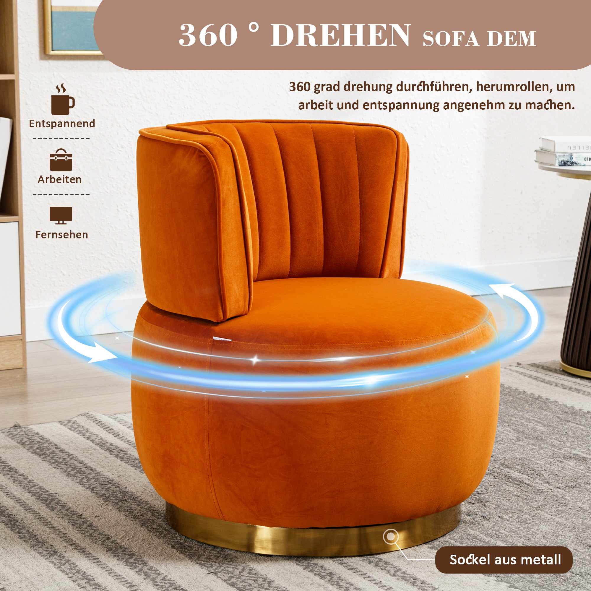 Swivel Barrel Chair 360° Round Comfortable, Orange Velvet