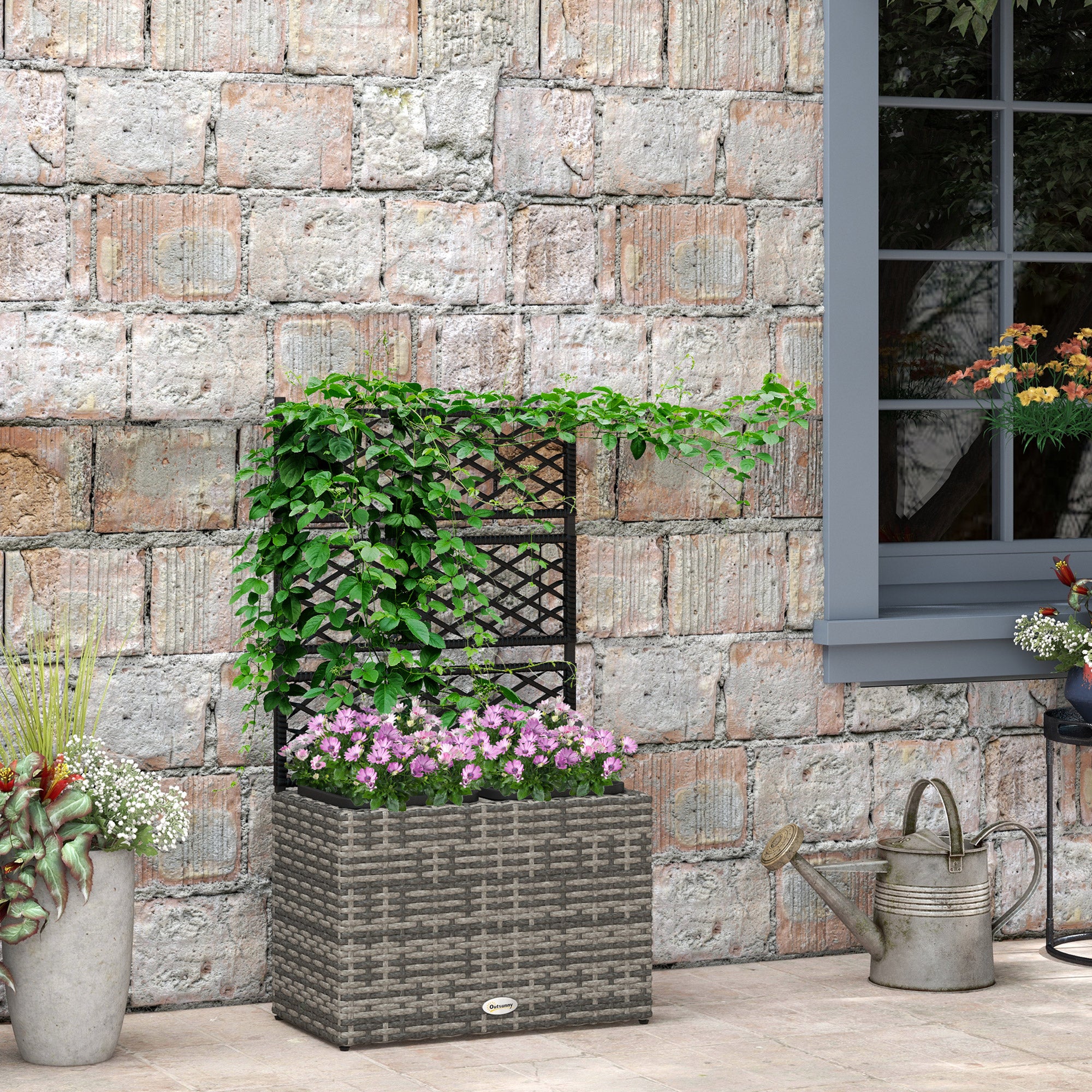 22 L Rattan Planter with Trellis Freestanding Raised Beds Two Plant Boxes Outdoor Mixed Grey