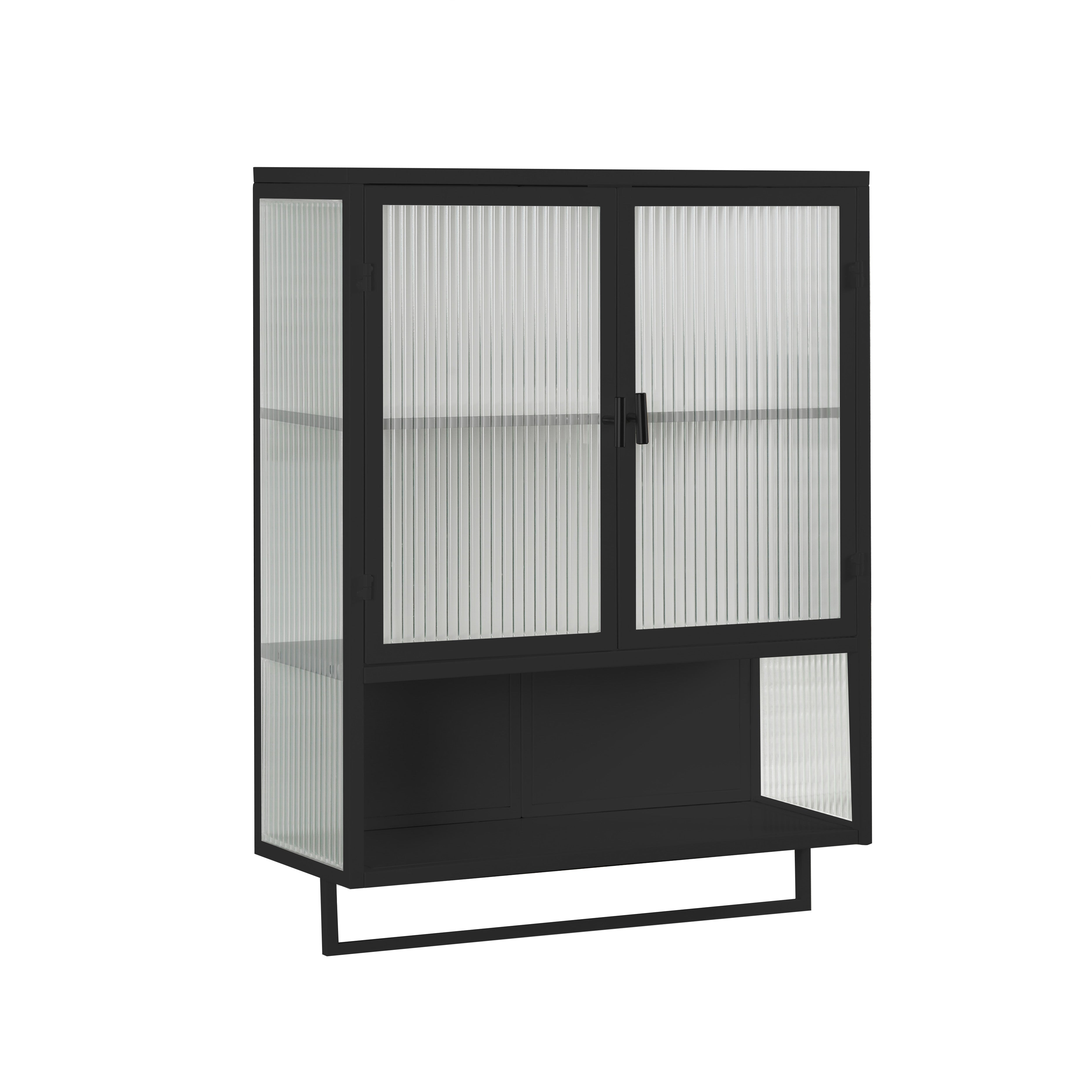 Wall Cabinet 60CM Glass Doors, Two-tier Storage, Open Shelf, Towel Rack, Black