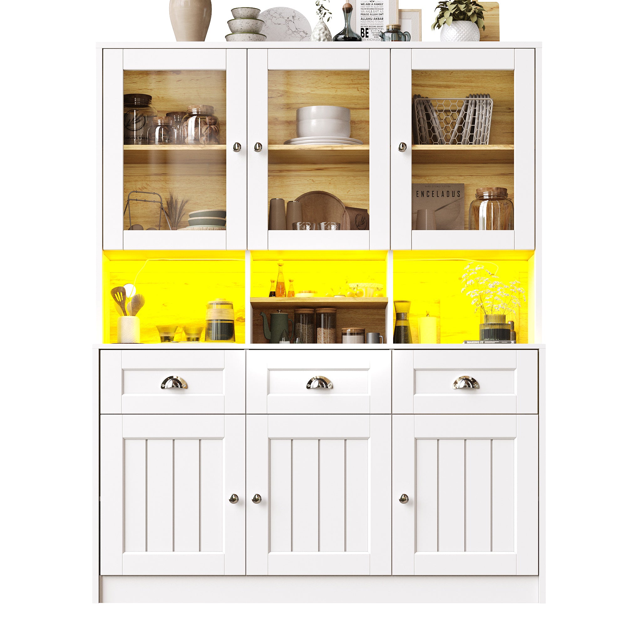 Tall Kitchen Cabinet 140x40x175cm Adjustable Shelves LED Lighting White/Black