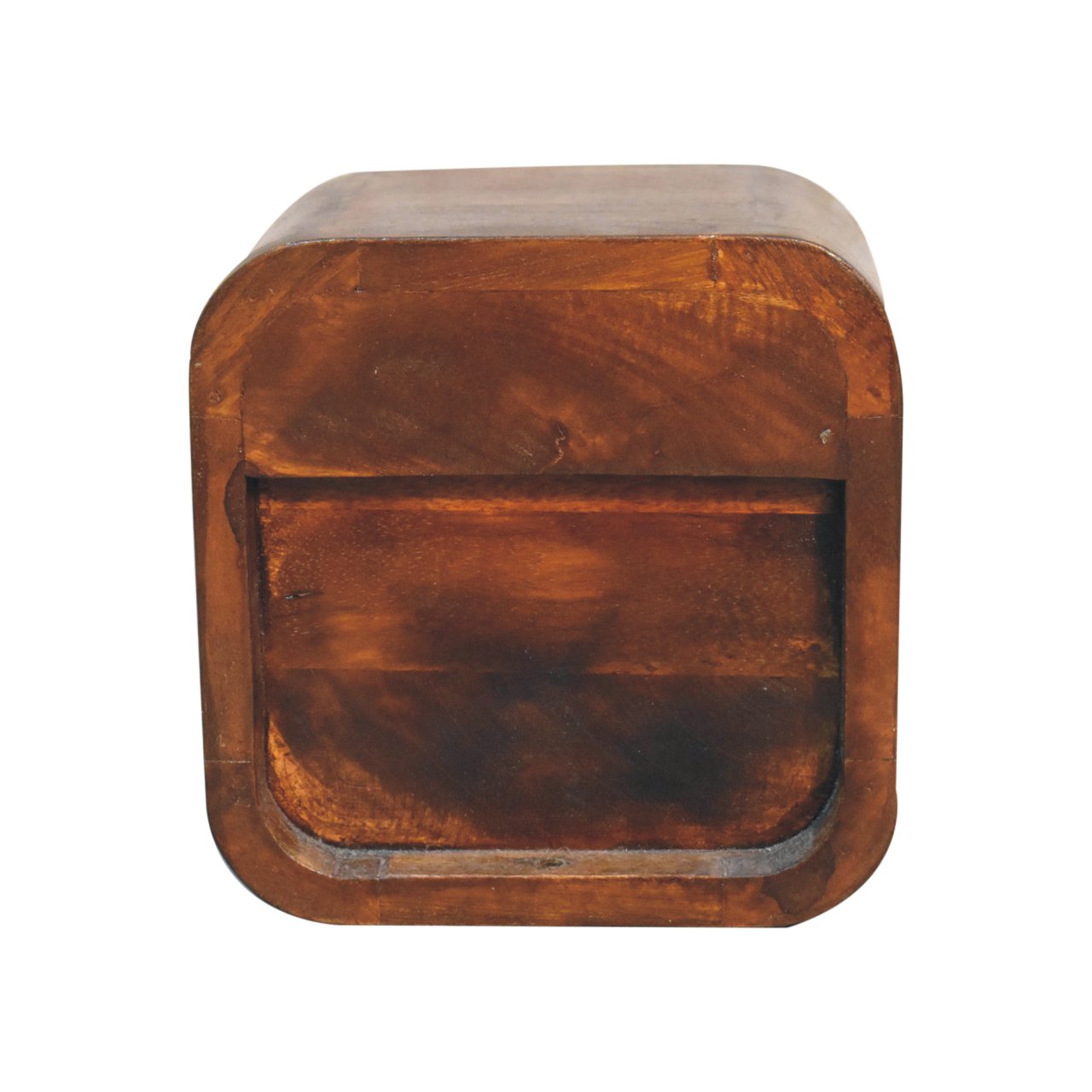 Solid Wood Extra Mini Curved Bedside, 1 Drawer and Open Shelf, Dark Brown