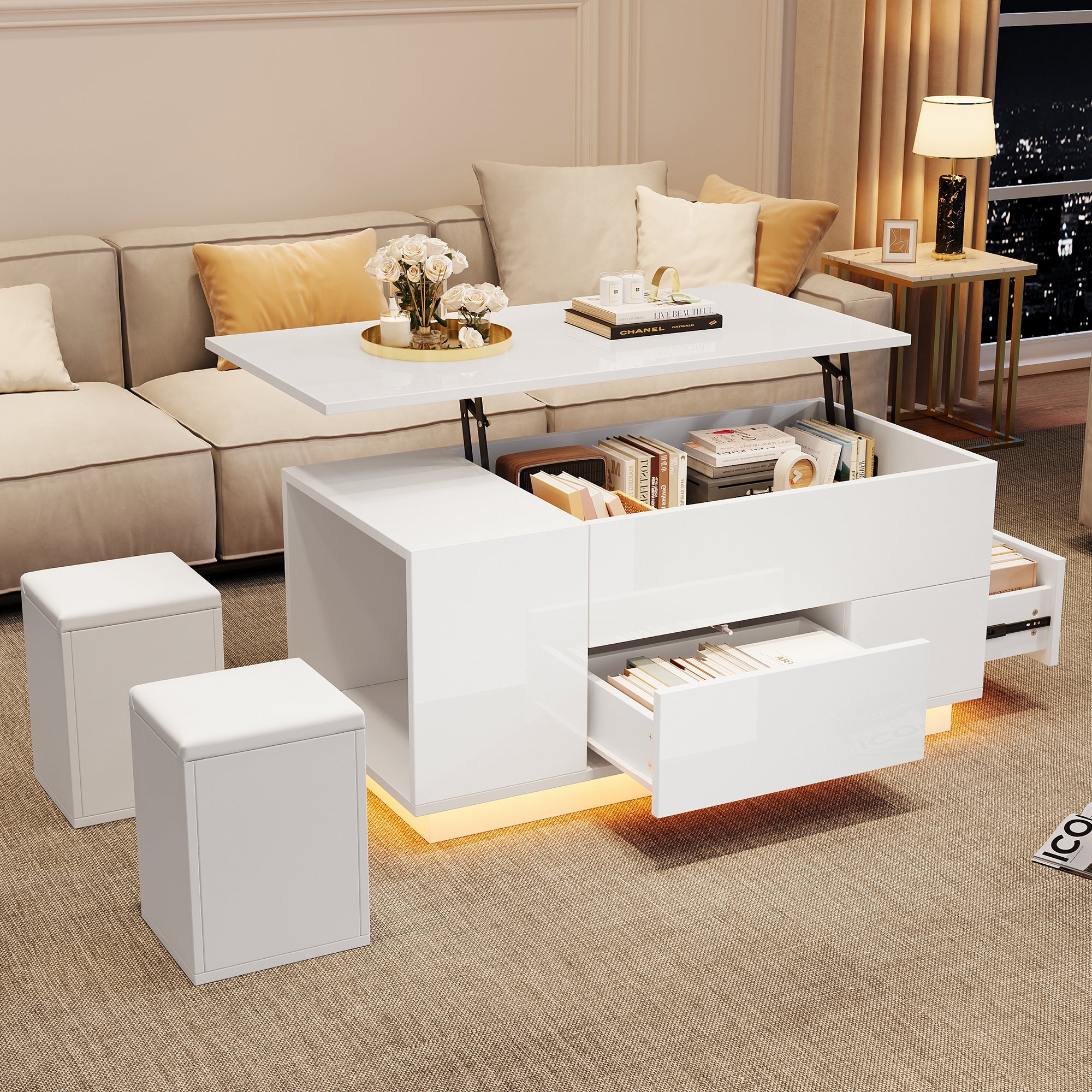 Coffee Table 4-in-1 Height-Adjustable LED 2 Drawers High-Gloss White