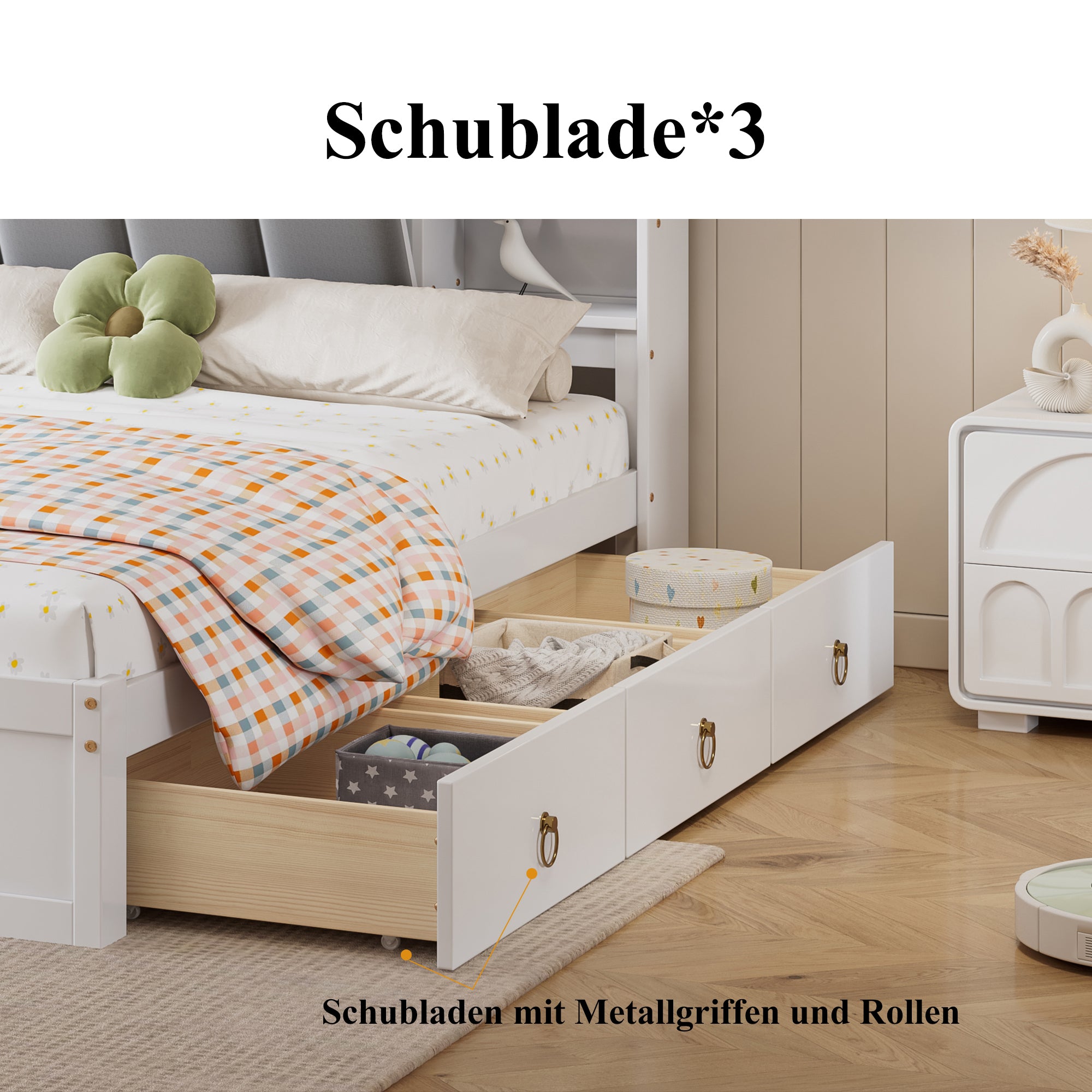 Double Bed, Open Shelf, 3 Drawers, Pine Frame, White+Grey