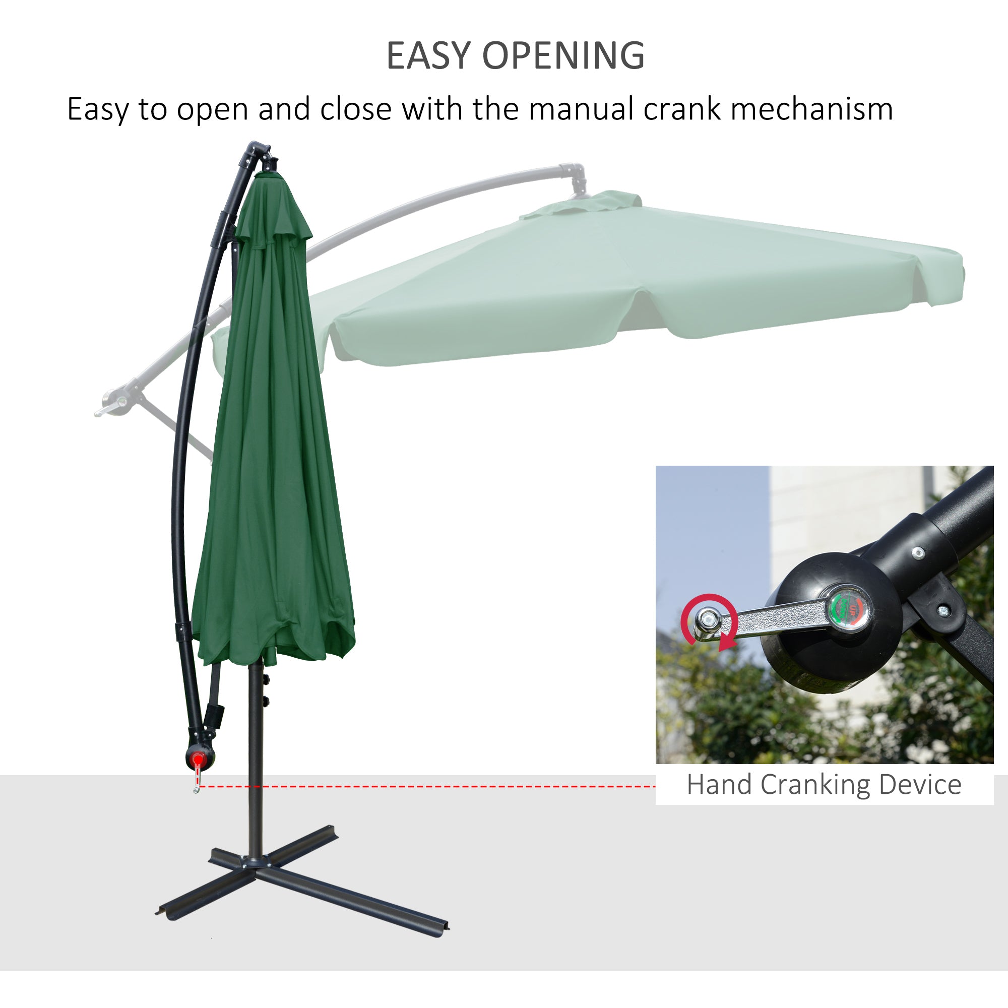Garden Parasol Cantilever Umbrella with Crank Handle and Cross Base, Green