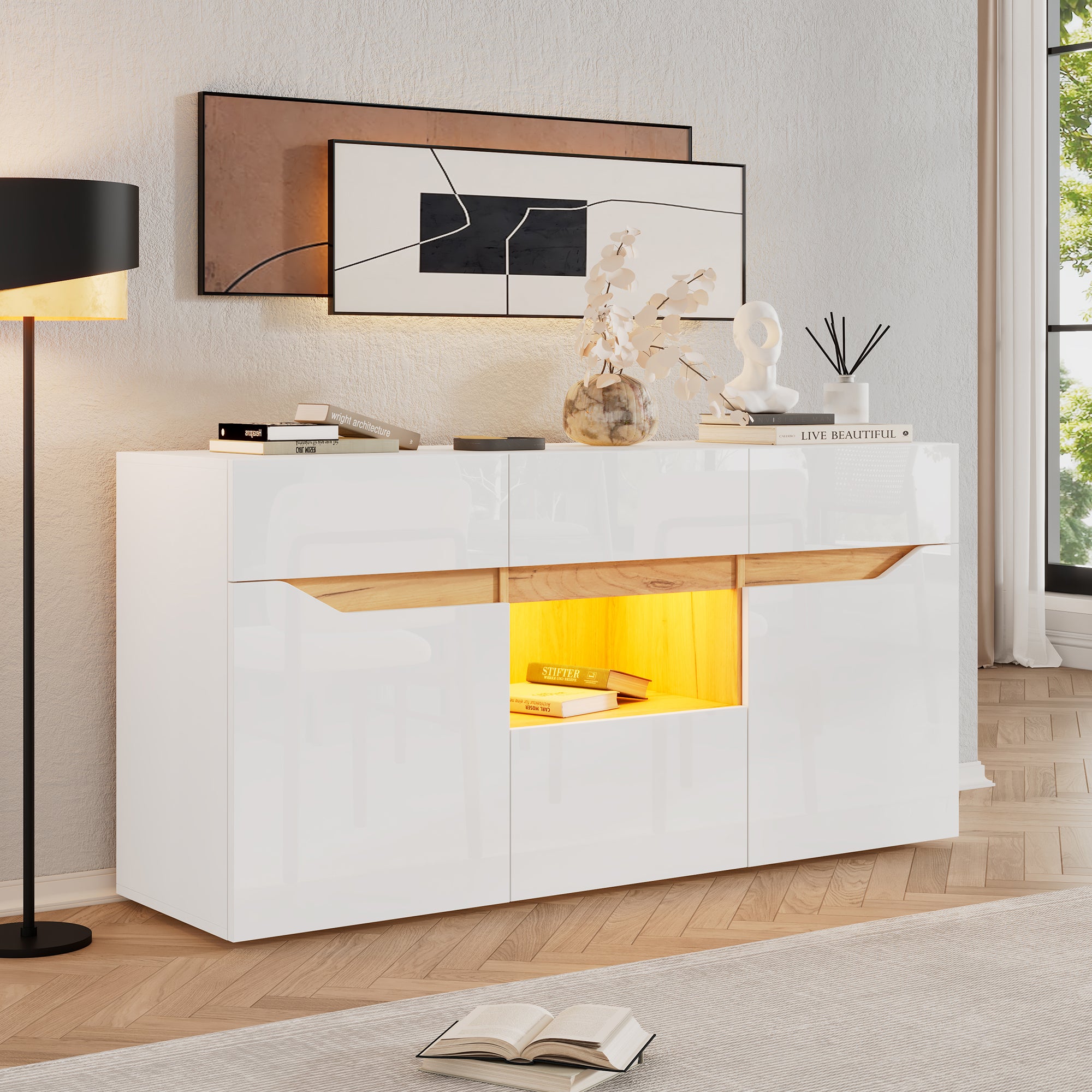 Living Room Sideboard, 4-Drawer Cabinet with LED Lighting, White & Wood