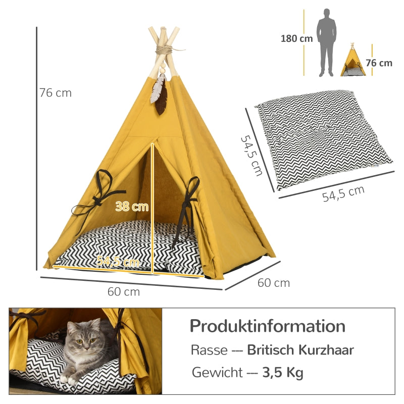 Pet Bed, Teepee Design with Soft Cushion & Floor Mat, for Dogs and Cats, Fabric