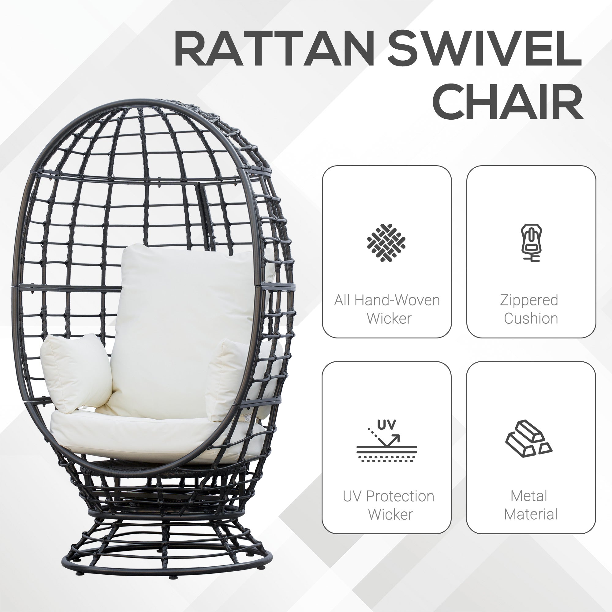 360° Swivel Egg Chair Rattan Garden Patio Chair with Cushion Black