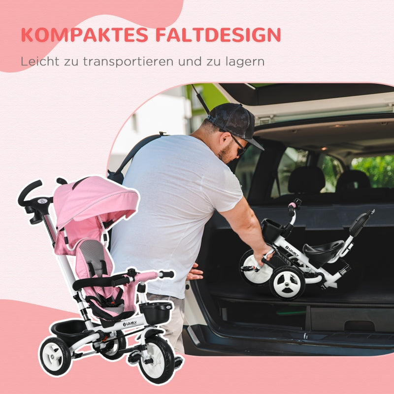 6-in-1 Children's Tricycle with Push Bar, Canopy and Storage Basket, Pink