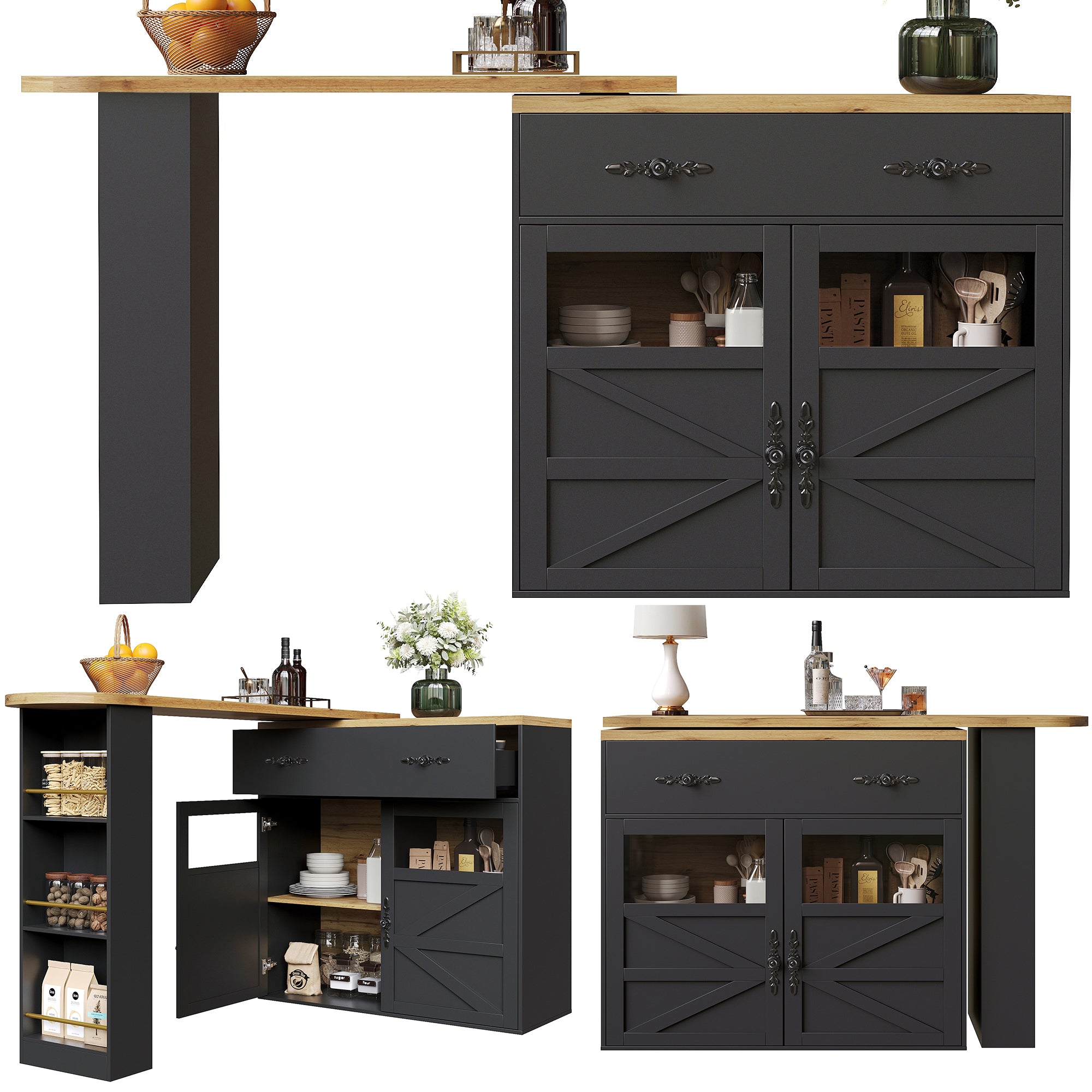 Bar Table Extendable 360° Rotating Storage Sideboard - Black
