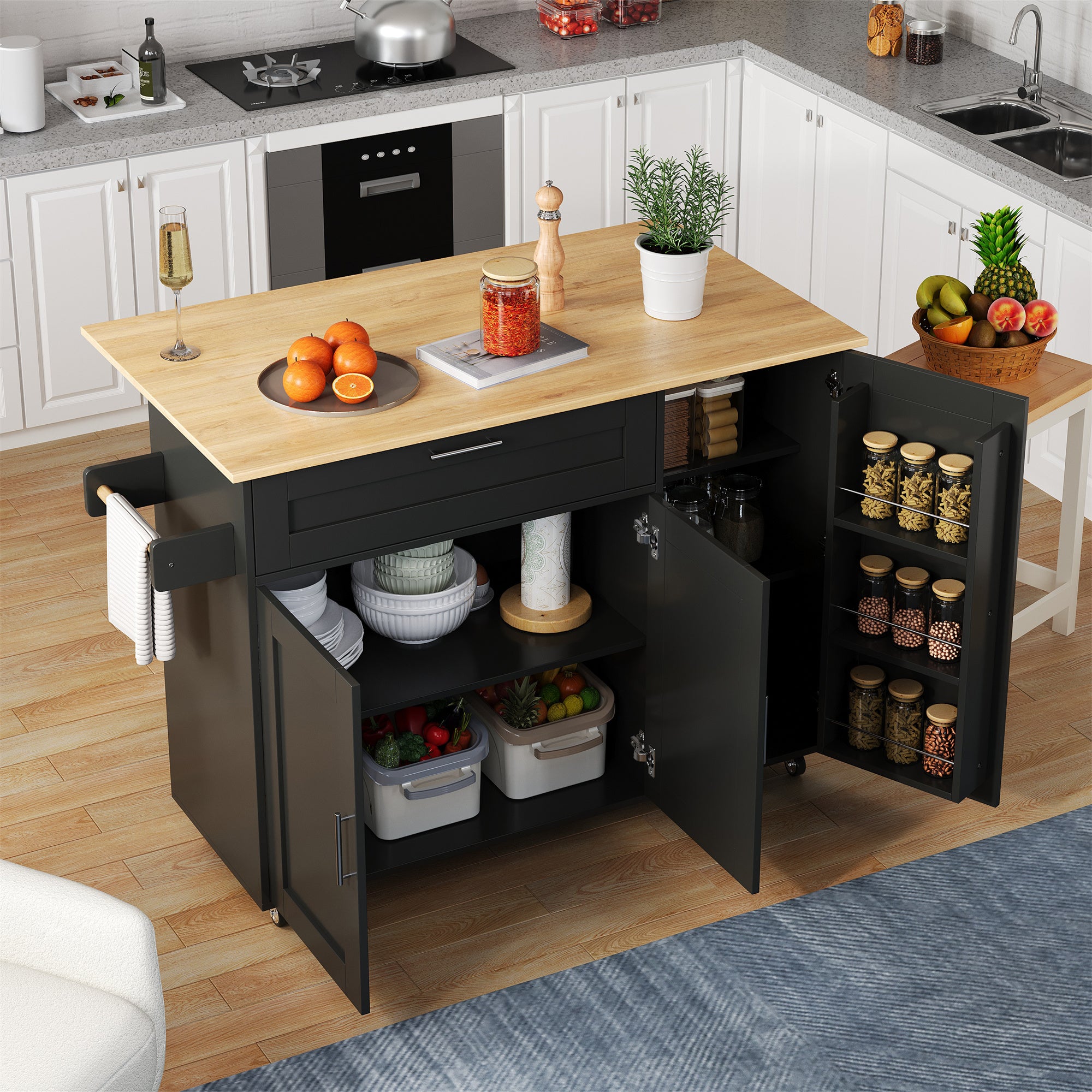 Mobile Kitchen Table Folding Worktop Cabinet Spice Rack 5 Casters - Oak Grain