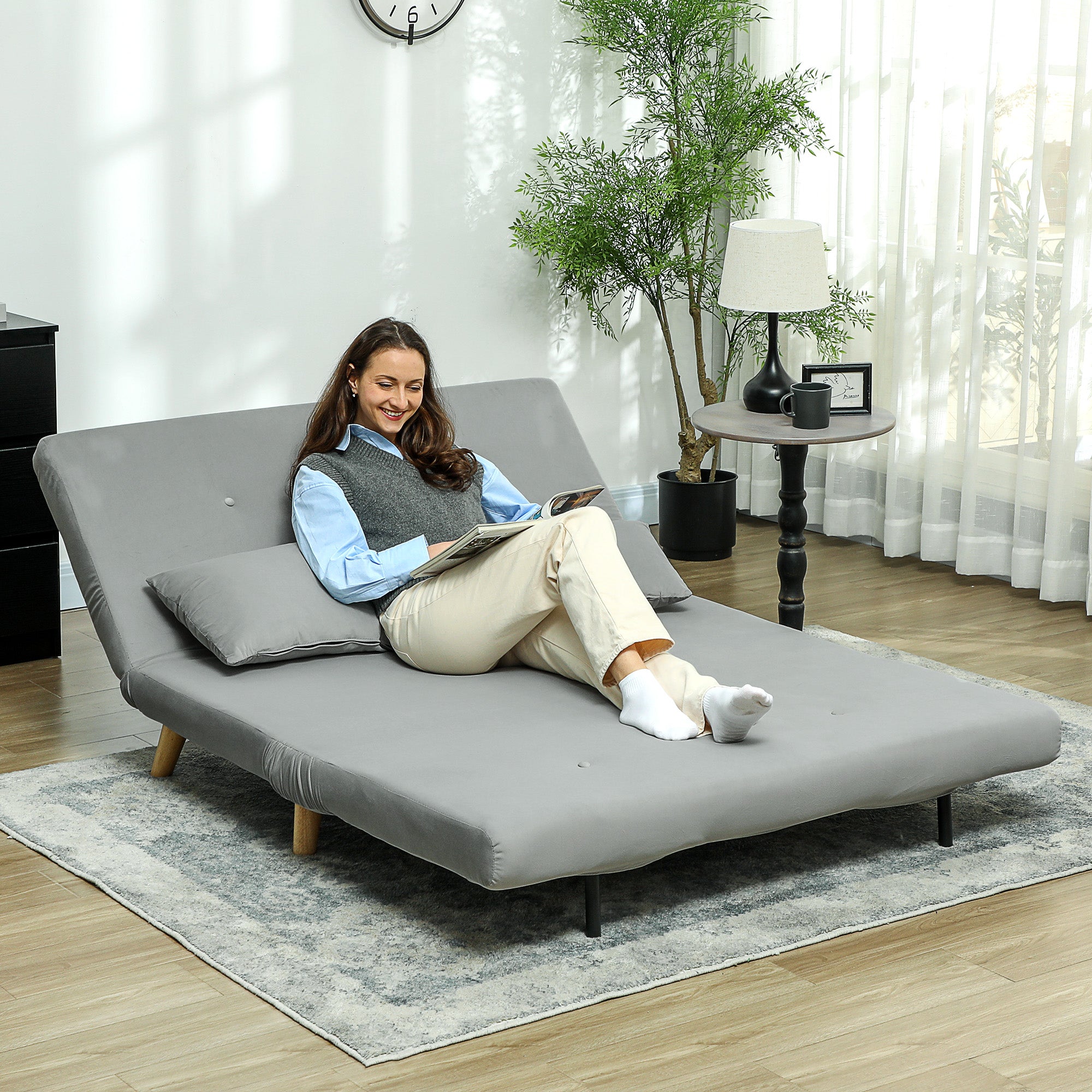 Recliner chair, folding bed with bed function, lumbar cushion, adjustable, up to 250 kg, gray velvet