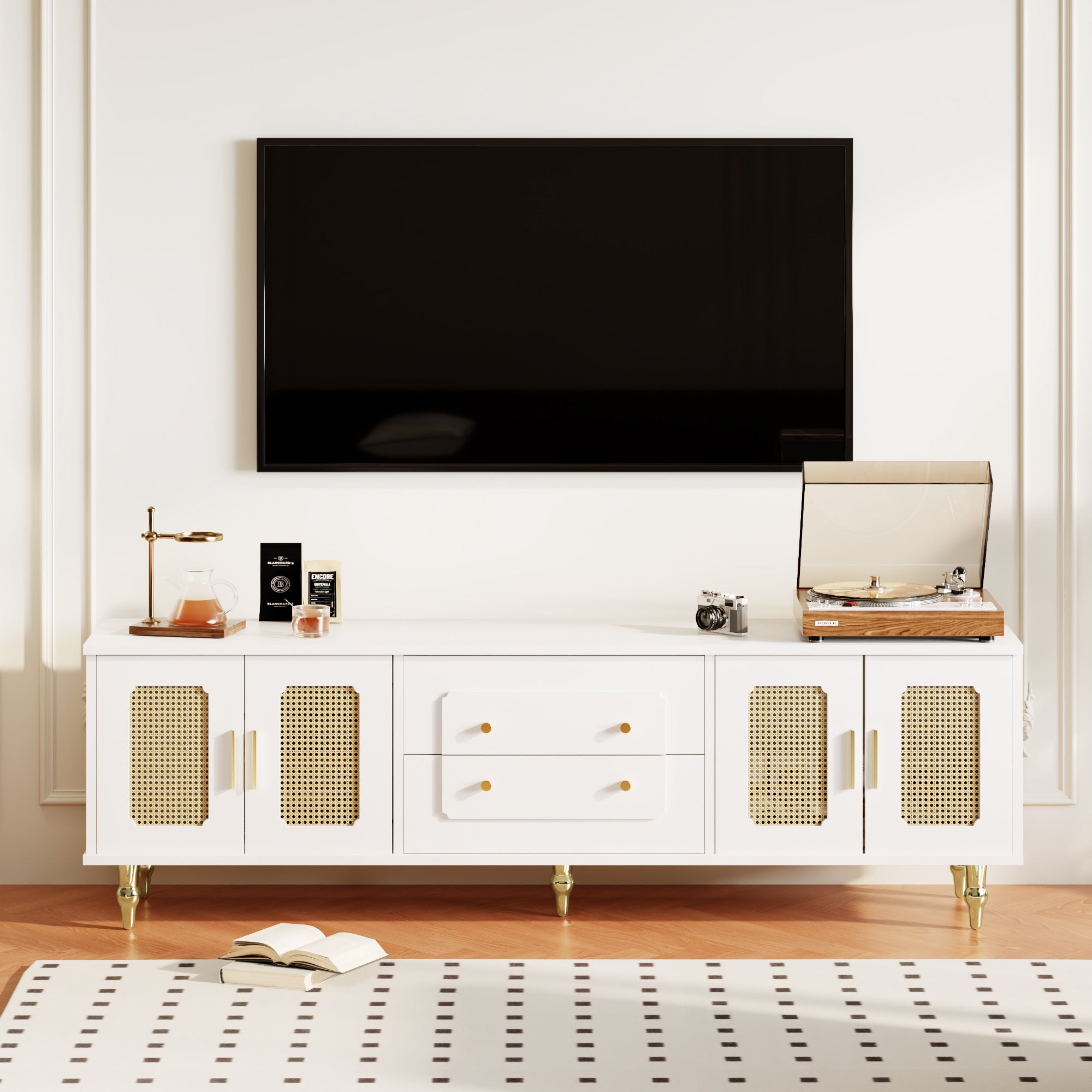 TV Cabinet, Retro Lowboard with Rattan Door & Gold Handles, Metal Legs
