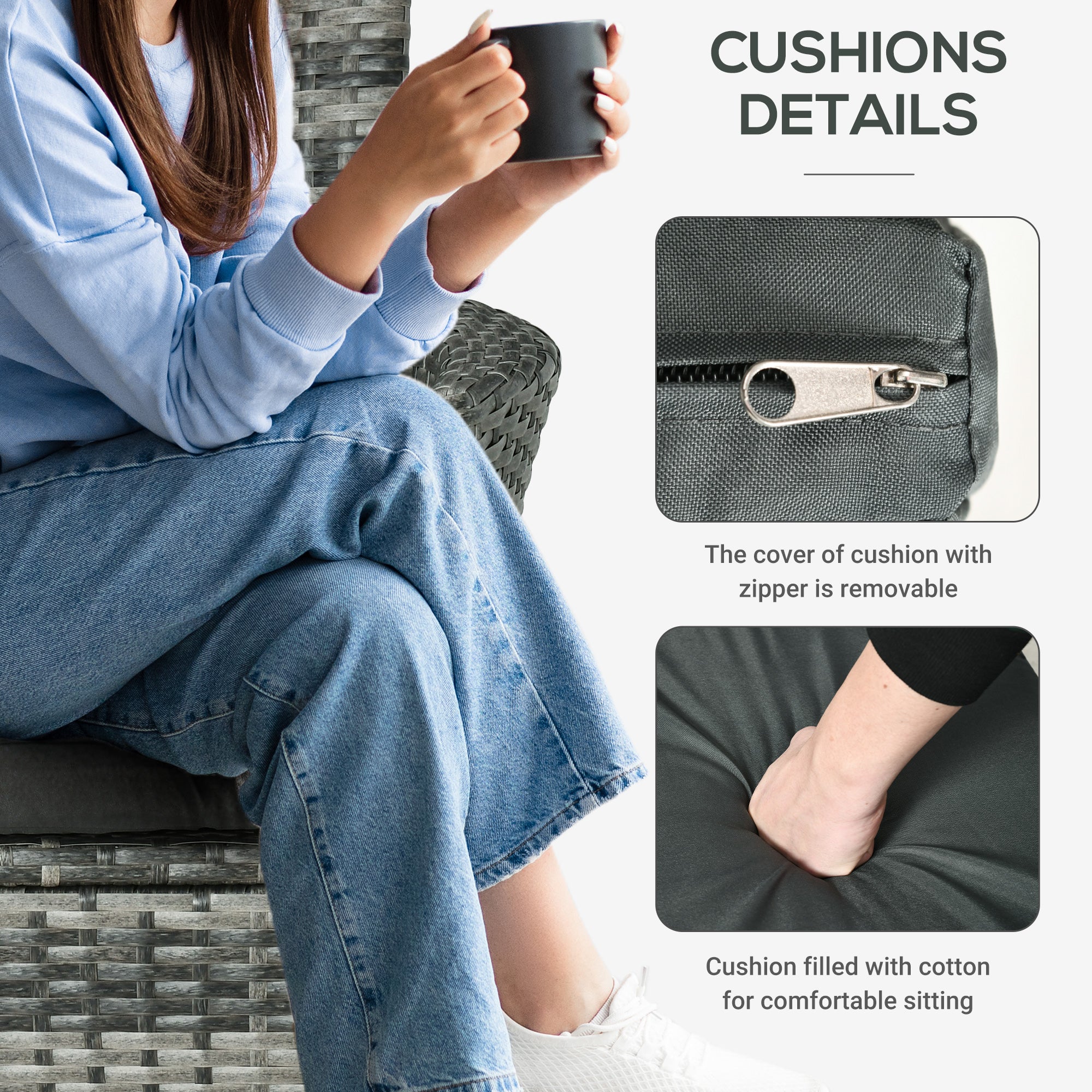 3 Pieces Rattan Bistro Set, Wicker 2-Tier Coffee Table Chairs Washable Cushions, Mixed Grey