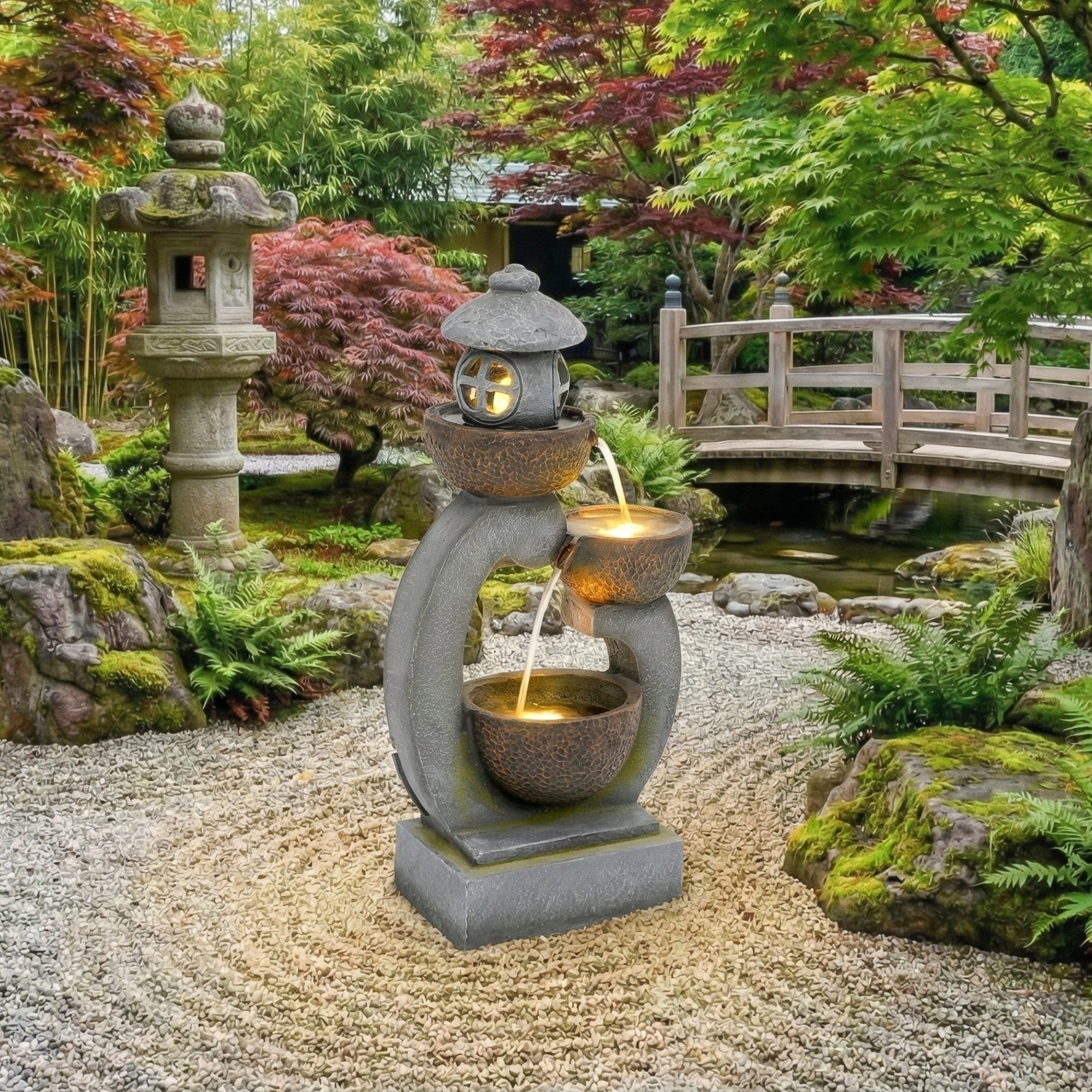 Japanese Garden Zen LED Outdoor Fountain, 95 cm with Tranquil Water Feature, Stone Grey