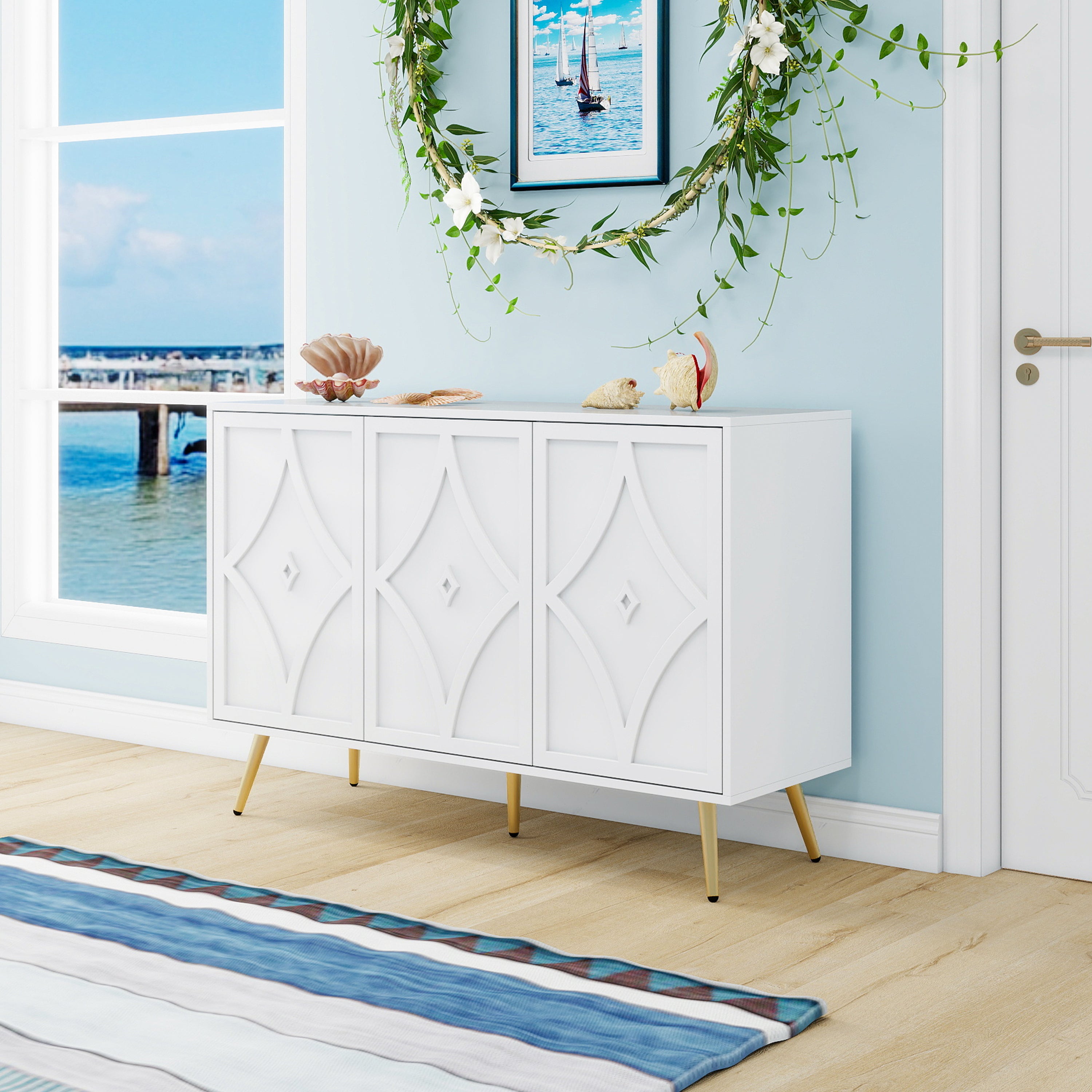 Sideboard Cabinet, 3-Door, 3D Carving, Gold Metal Legs, White