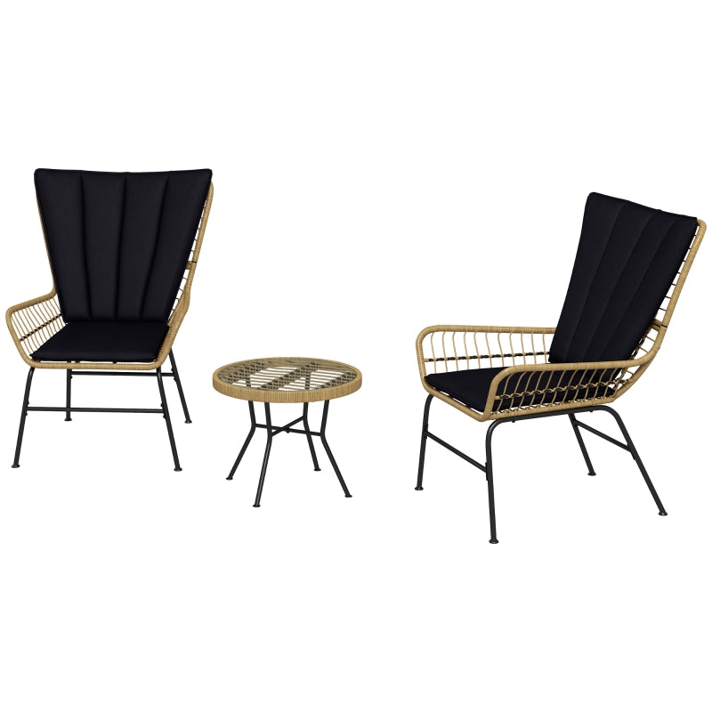 Rattan Seating Group, 3-Piece with 2 Chairs & Side Table, Tempered Glass