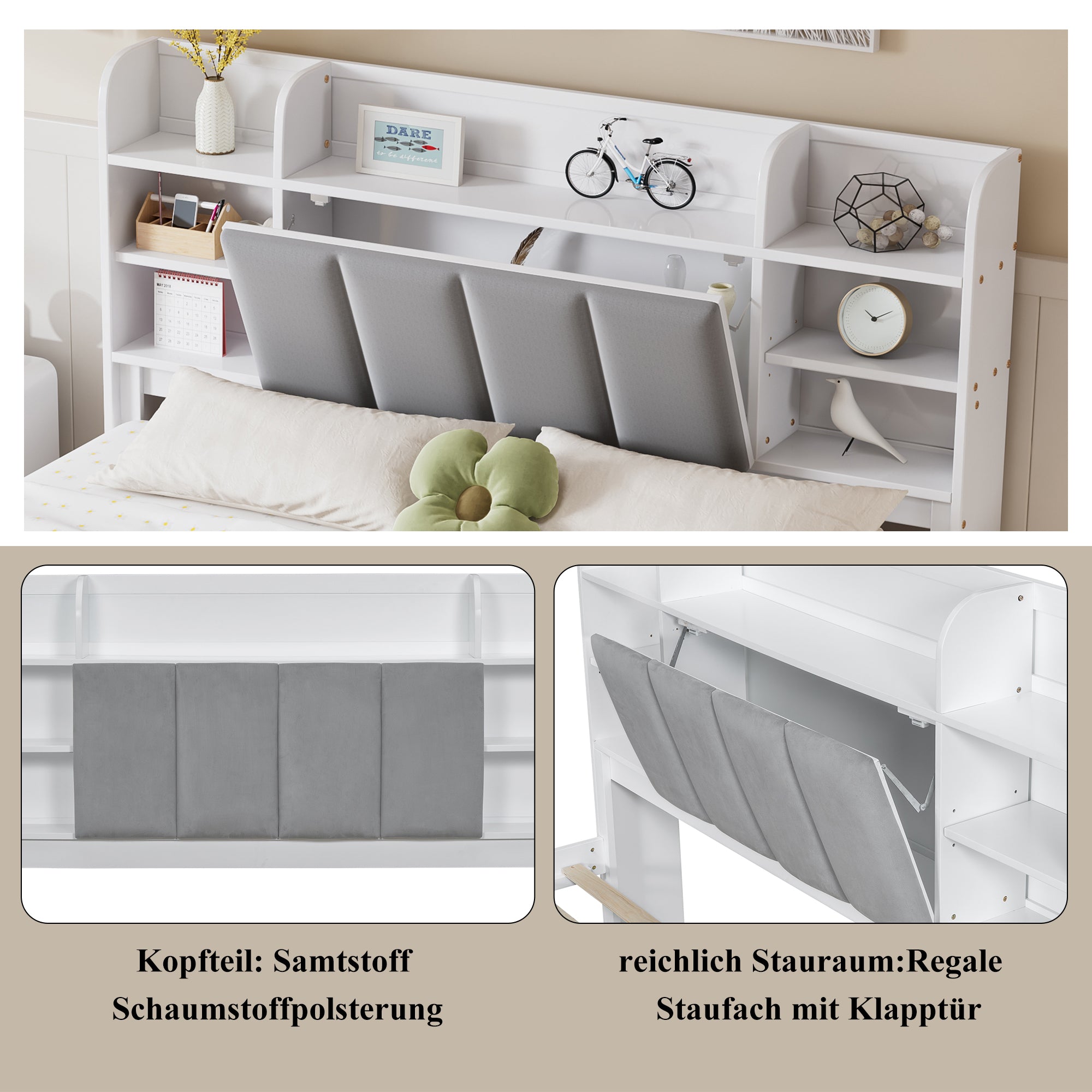 Double Bed, Open Shelf, 3 Drawers, Pine Frame, White+Grey