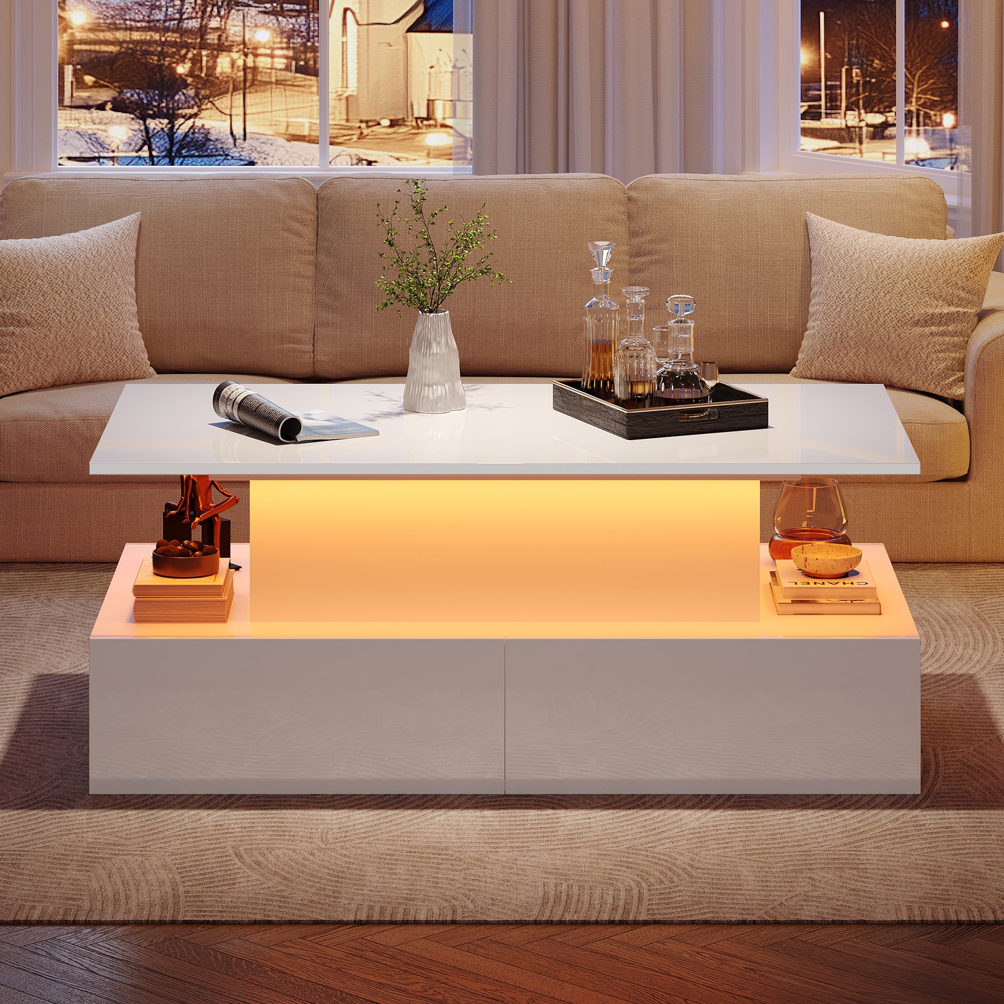 Coffee Table with LED Lighting and 4 Drawers, 90x55x41 cm, White High-Gloss