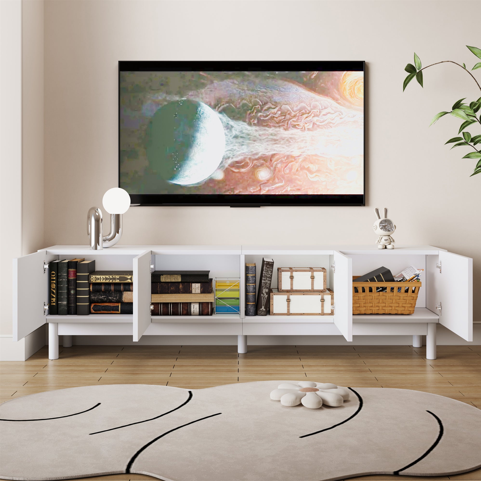 TV Cabinet with Curved Wave-Shaped Doors, Shelves, and Stabilizing Legs