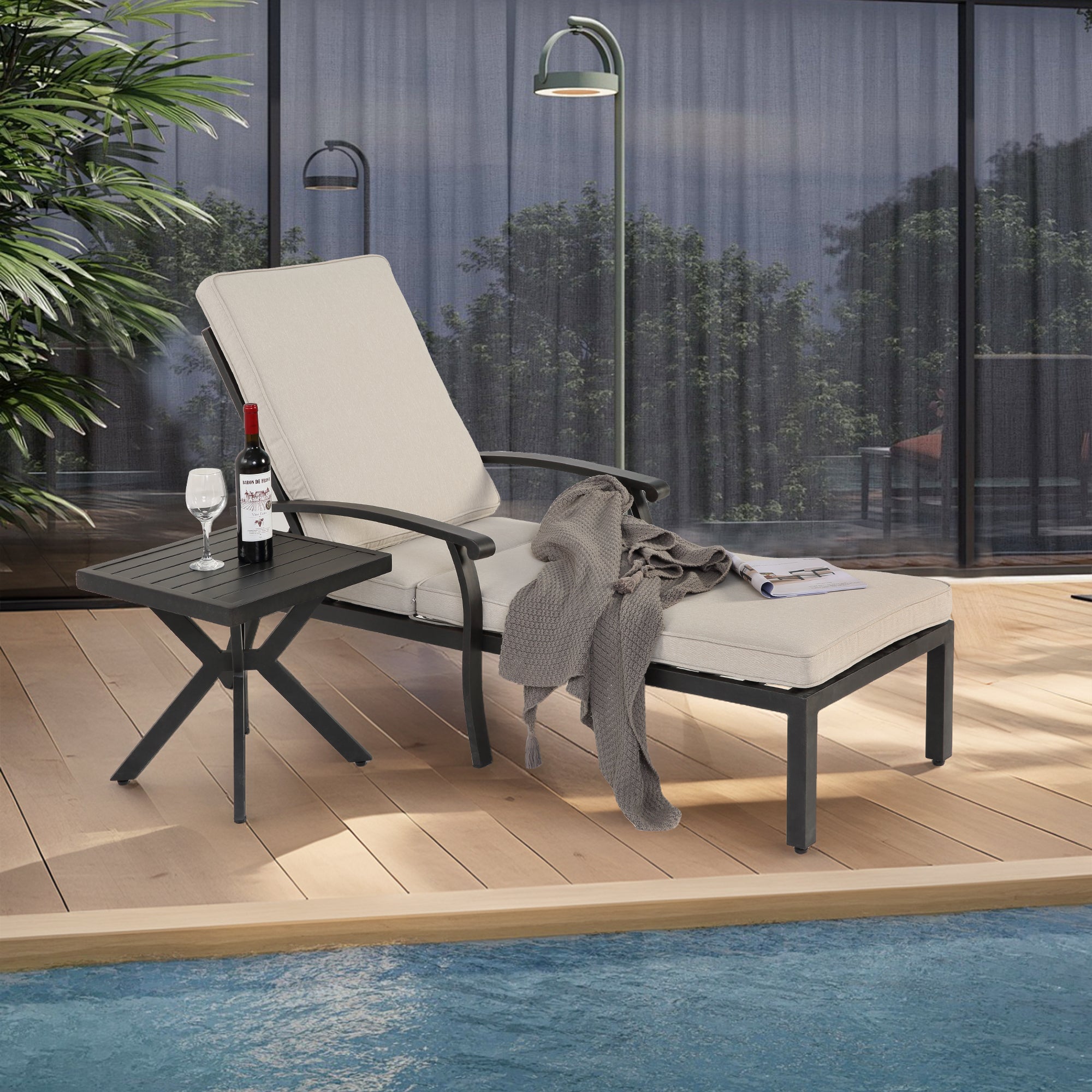 Lounge Patio Chair, Adjustable Recliner Rust-Resistant Aluminum, Beige Cushion