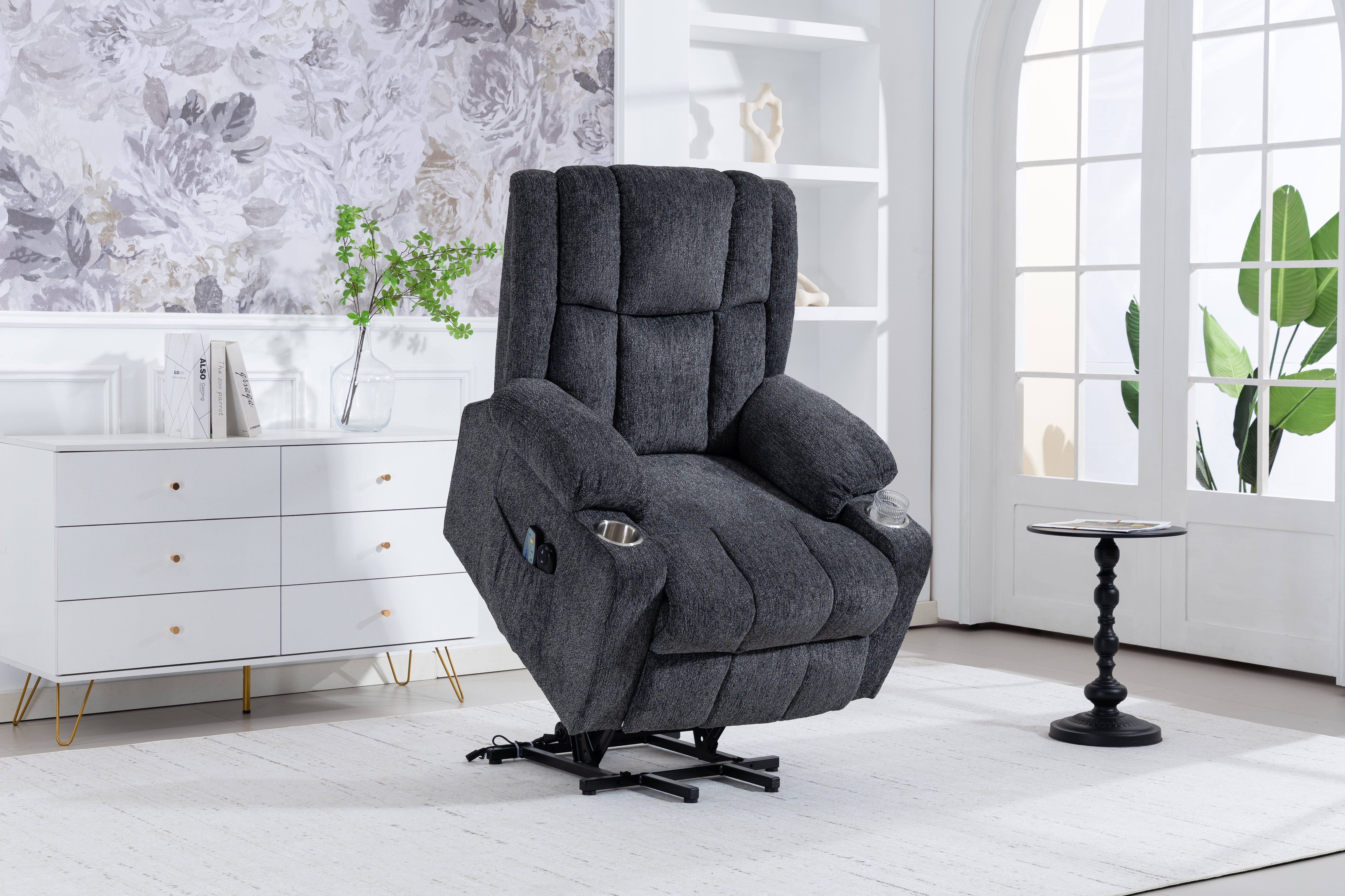 Electric Armchair Lift Assist Massage Heat Footrest Cup Holder - Dark Grey