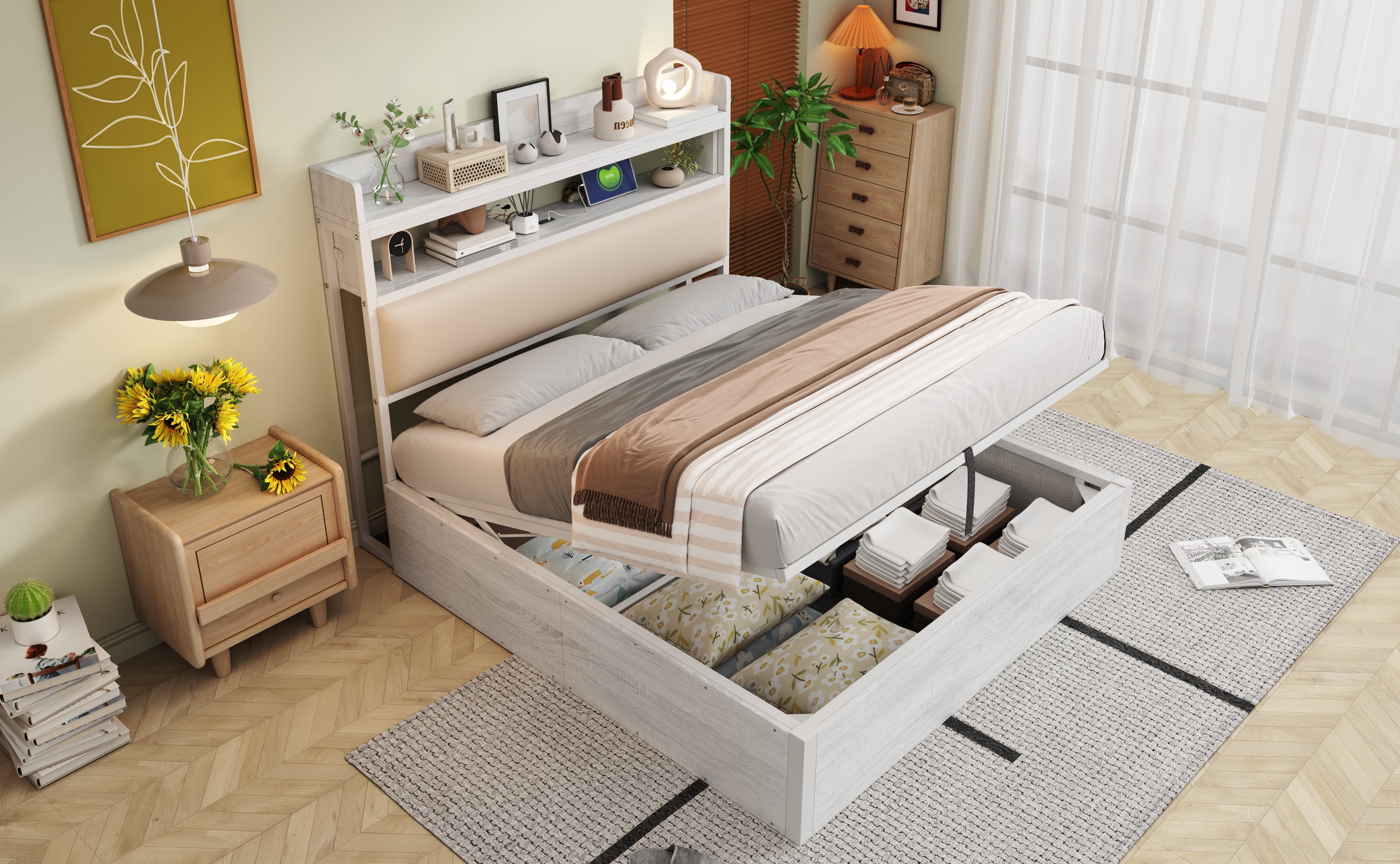 Bed Frame 140x200, Hydraulic Lift, USB, Upholstered Headboard, Wood & Metal, White